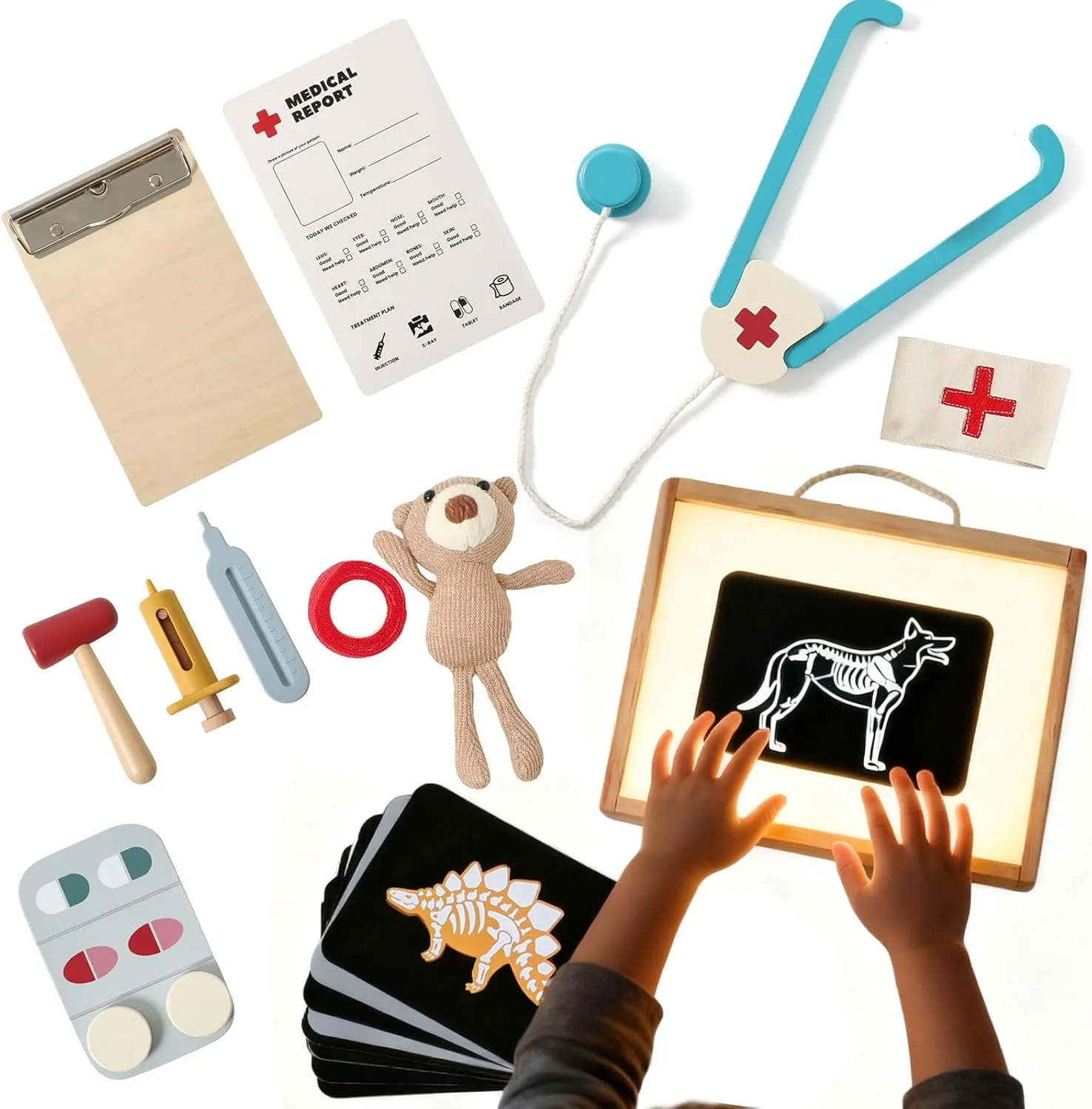 ست اسباب بازی دامپزشکی کودکانه و اسباب بازی STEM | آموزش آناتومی حیوانات با گوشی پزشکی، مدل های اندام/عضله، کارت های اشعه ایکس | بازی تعاملی برای پسران و دختران