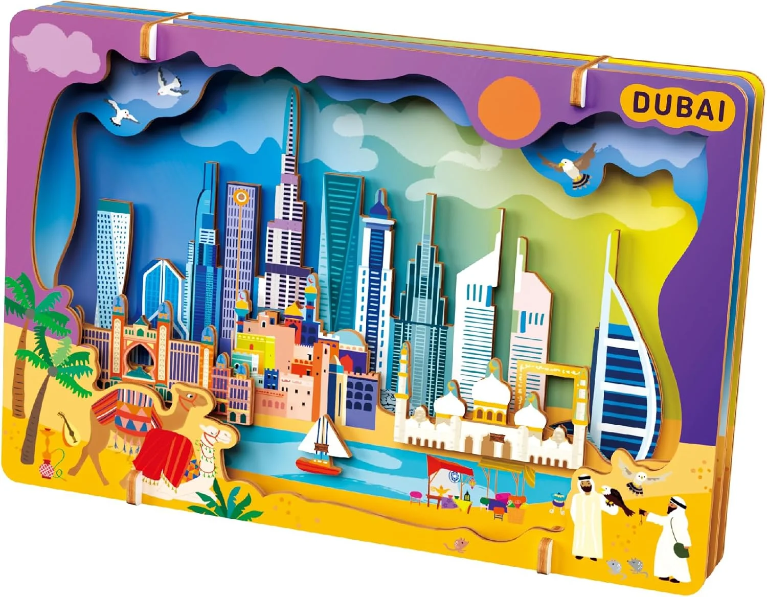 آونیر - پازل سه بعدی منظره شهری «بیایید با هم سفر کنیم» - مدل چوبی دبی | ساخت بناهای دیدنی معروف با راهنمای مصور | هدیه آموزشی مسافرتی برای کودکان و بزرگسالان