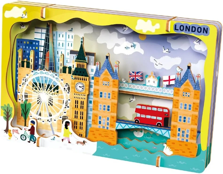 آونیر - پازل سه بعدی منظره شهر «بیایید با هم سفر کنیم» – مدل چوبی خودتان بسازید لندن | ساخت بناهای دیدنی معروف با راهنمای مصور | هدیه آموزشی مسافرتی برای کودکان و بزرگسالان