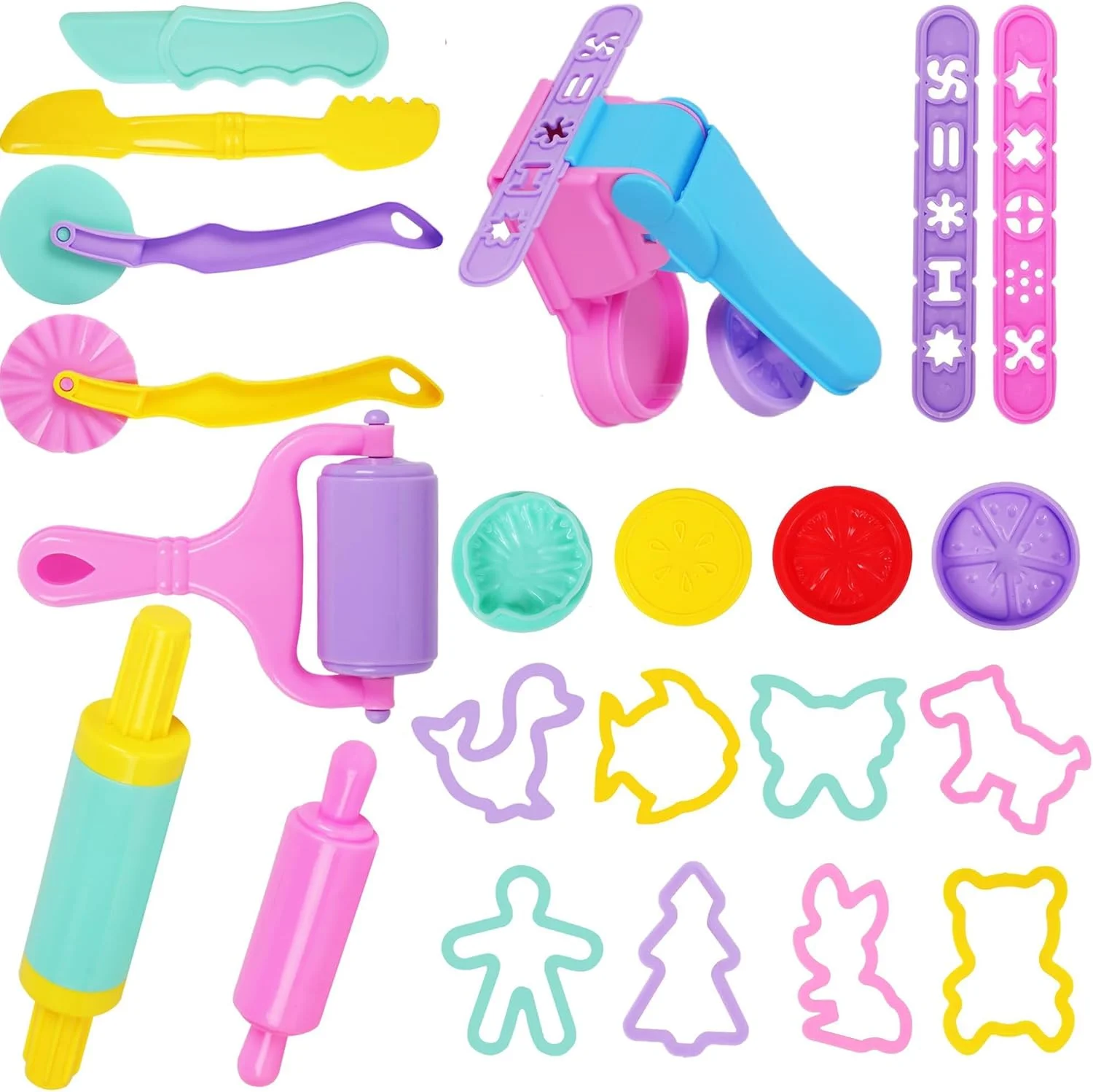 مجموعه 22 تکه ابزار خمیر بازی برای کودکان، ابزار سفالگری کودکان، مجموعه ابزار بازی خمیر هنری پلاستیکی با مدل ها و قالب (رنگ تصادفی)