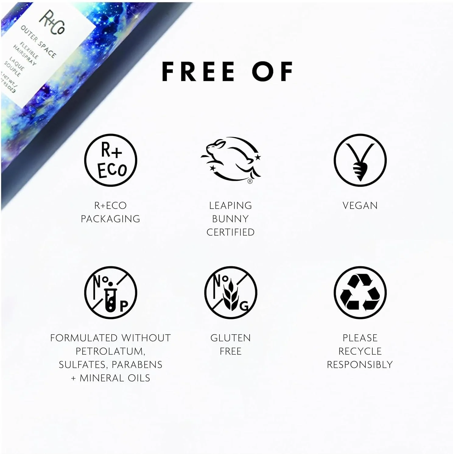 اسپری موی انعطاف پذیر R+Co Outer Space | استفاده روزانه + سبک وزن + بدون چسبندگی | وگان + بدون تست حیوانی | 269 گرم