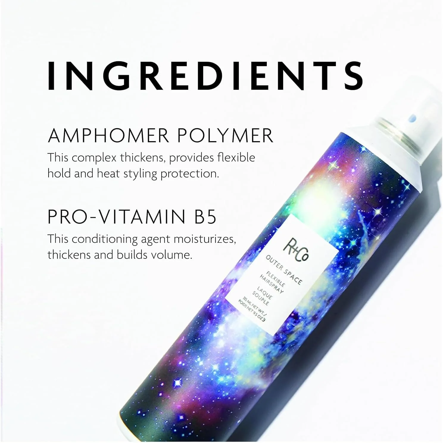 اسپری موی انعطاف پذیر R+Co Outer Space | استفاده روزانه + سبک وزن + بدون چسبندگی | وگان + بدون تست حیوانی | 269 گرم
