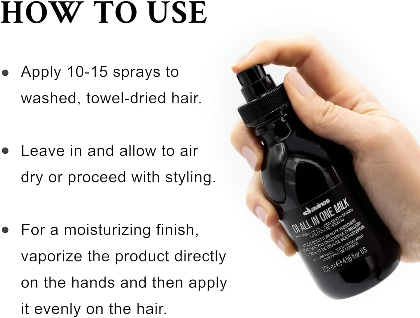 اسپری شیر مو همه کاره Davines OI | اسپری شیر مو | باز کننده گره مو قدرتمند + محافظت در برابر حرارت | صاف کننده موهای وز | 135 میلی لیتر