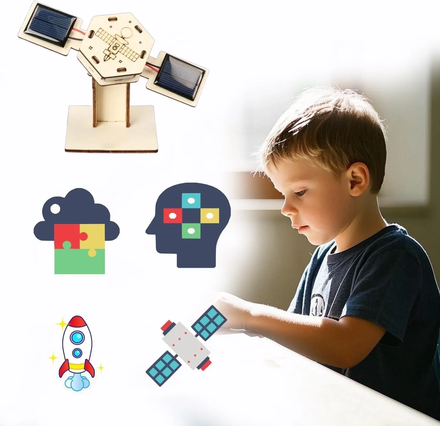 کیت پنل خورشیدی ماهواره ای KASTWAVE، مدل های خلاقانه ماهواره مصنوعی، مونتاژ ساخت و ساز سه بعدی DIY، صنایع دستی چوبی کودکان برای کاوش در اصول ماهواره های مصنوعی، ابزار آموزشی