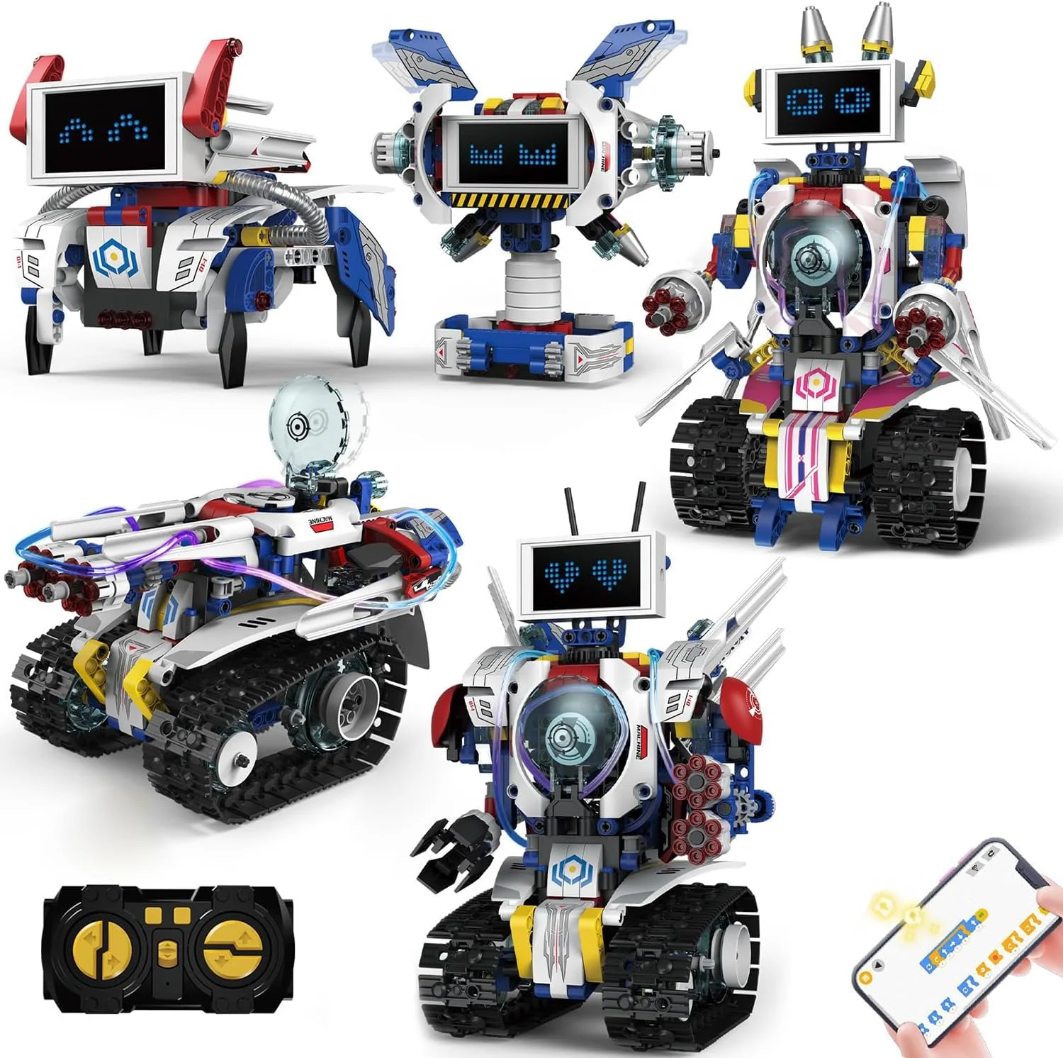 کیت رباتیک 5 در 1 Masroo STEM برای کودکان 8 تا 16 سال، کنترل از راه دور و اپلیکیشن، اسباب بازی کدنویسی DIY مهندسی قابل شارژ، هدیه بلوک های ساختمانی آموزشی برای دختران و پسران