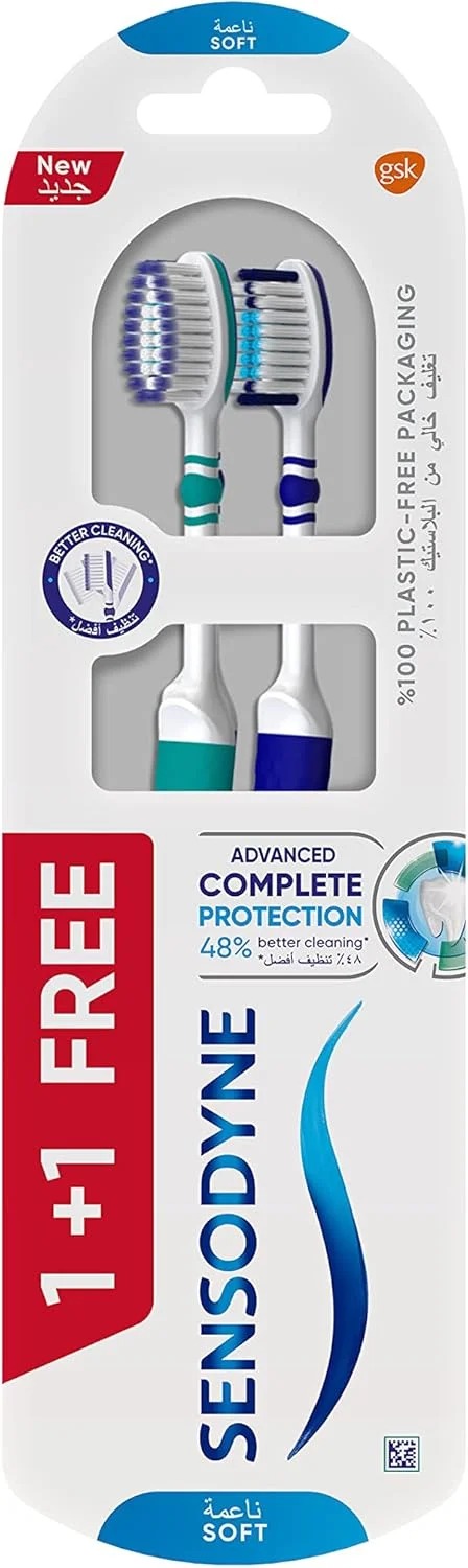 سنسوداین، مسواک، بسته خانواده، محافظت کامل پیشرفته، بسته بندی بدون پلاستیک، 48% تمیز کنندگی بهتر، با برس نرم، رنگ های متنوع، 2 عدد