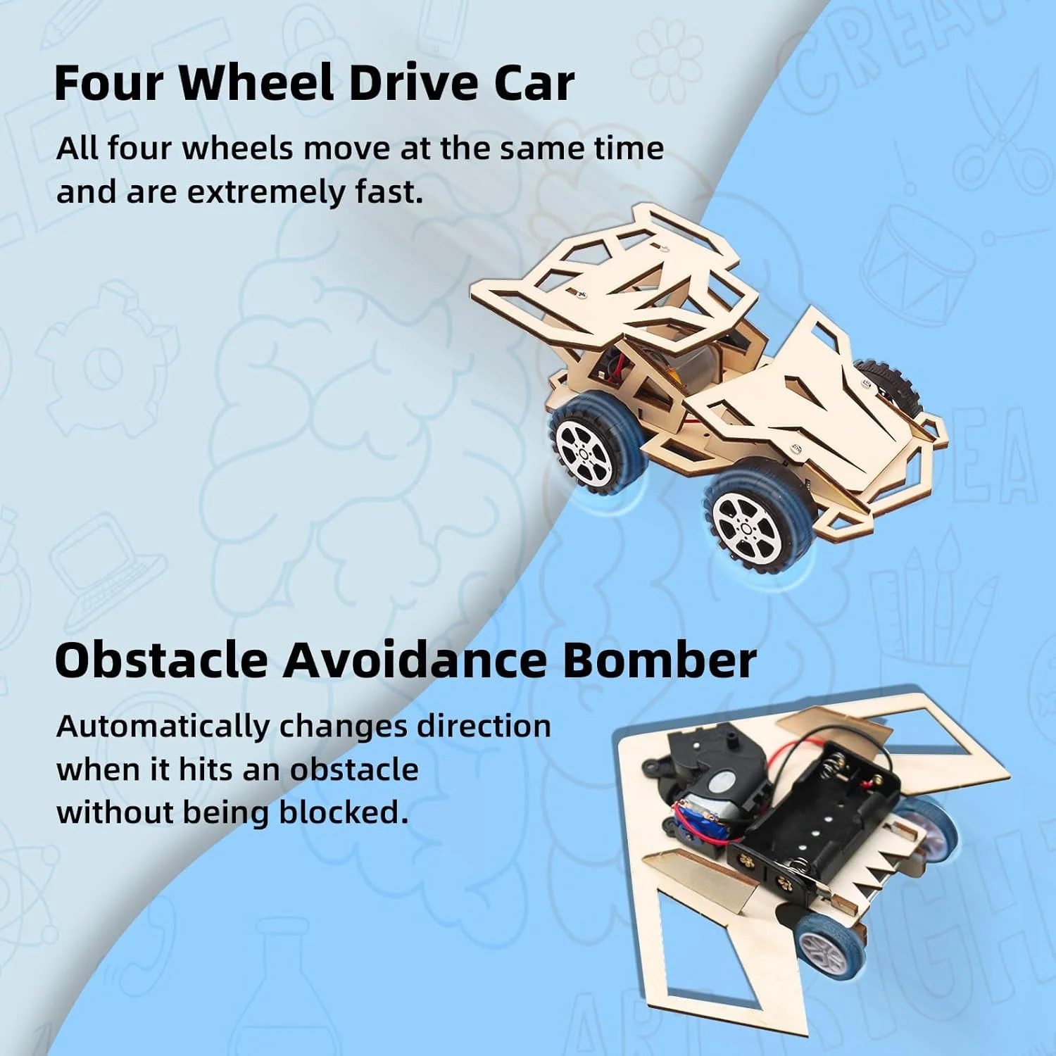 پروژه های STEM برای کودکان 8 تا 12 سال، کیت های STEM دو در یک، پازل های چوبی سه بعدی، کیت های آزمایش علمی برای پسران و دختران، ماشین چهار چرخ محرک و بمب افکن اجتناب از موانع