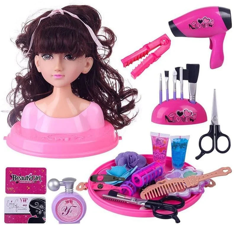 ست اسباب بازی سر عروسک آرایشی و مدل مو NIBEMINENT - مجموعه 35 تکه بازی وانمودی کودکان با سشوار، لوازم آرایشی قابل شستشو و لوازم جانبی استایل، هدیه تولد تمرین آرایش برای دختران (B)