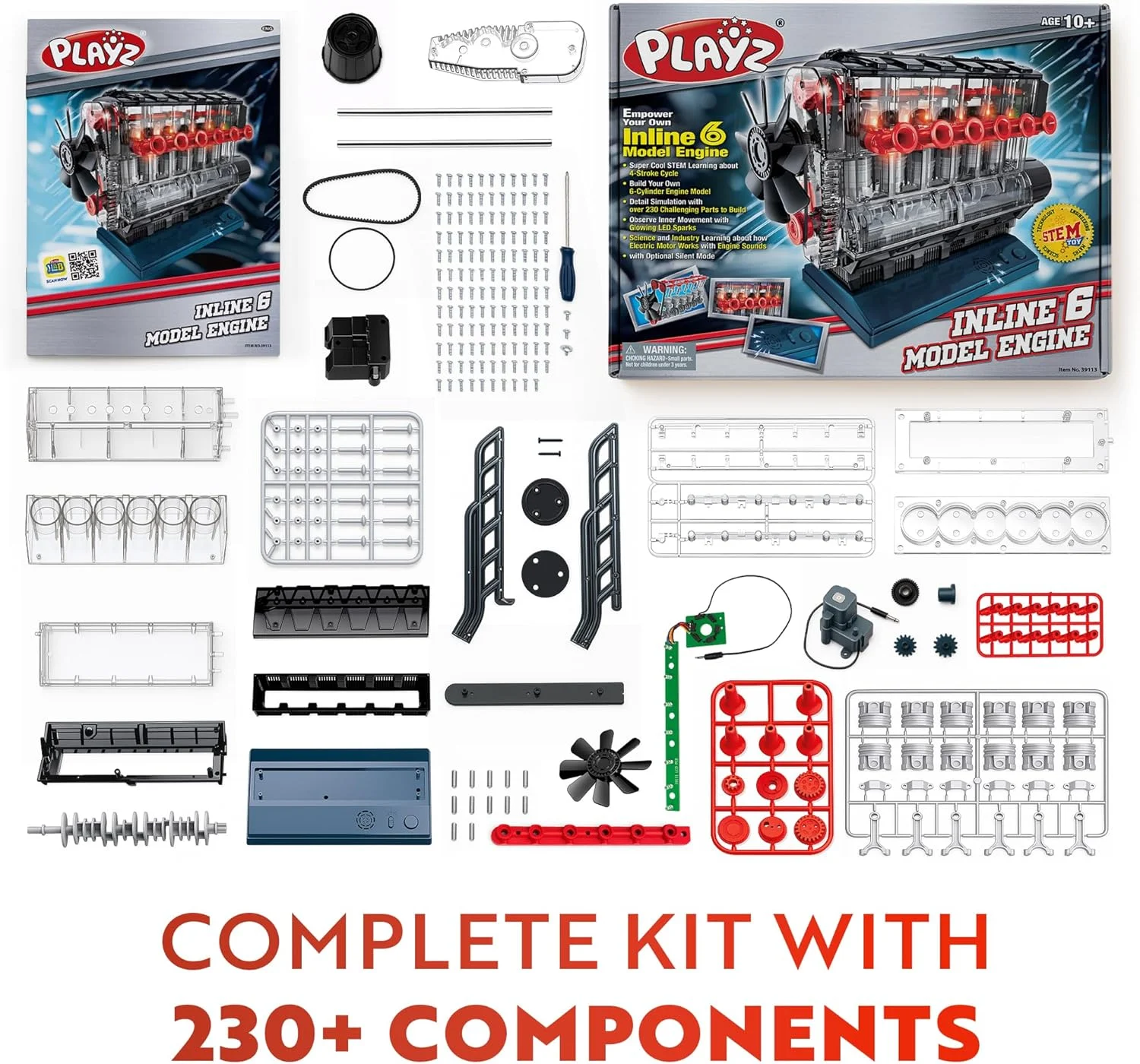 کیت مدل موتور خطی 6 Playz - موتور کوچک خطی 6 STEM خود را بسازید، کیت موتور در حال کار برای بزرگسالان و کودکان 10-12 سال به بالا، کیت موتور مینی خطی 6 قابل مشاهده که برای بزرگسالان با 230 قطعه STEM کار می کند