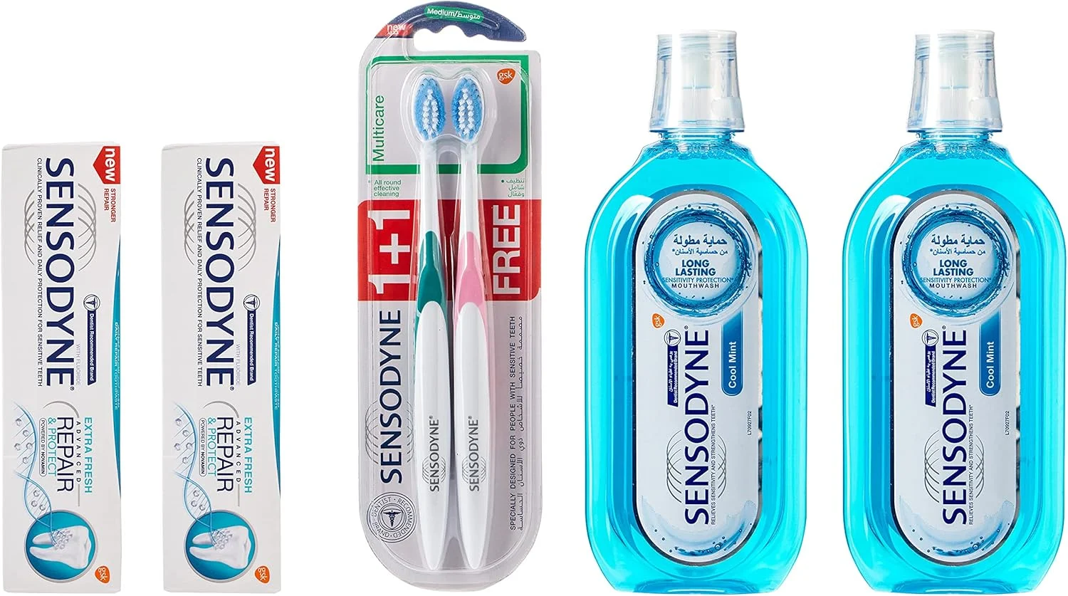 خمیر دندان، دهانشویه و مسواک سنسوداین برای دندان های حساس، 2 عدد خمیر دندان، 2 عدد دهانشویه و 2 عدد مسواک