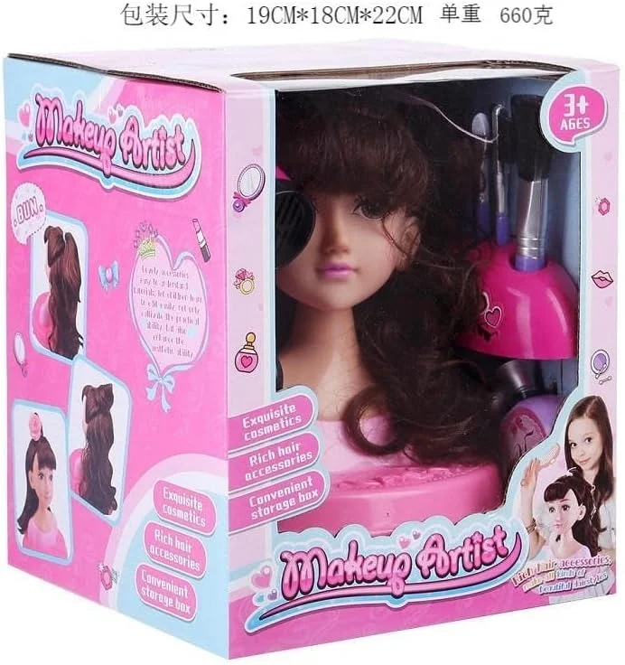 ست اسباب بازی سر عروسک آرایشی و مدل مو NIBEMINENT - مجموعه 35 تکه بازی وانمودی کودکان با سشوار، لوازم آرایشی قابل شستشو و لوازم جانبی استایل، هدیه تولد تمرین آرایش برای دختران (B)