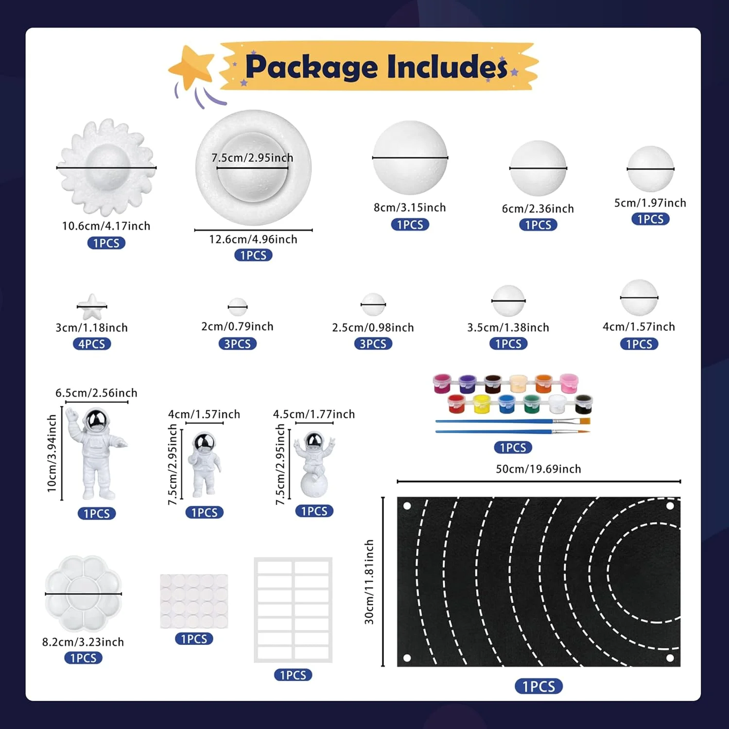 کیت مدل منظومه شمسی 35 تکه شامل رنگدانه های رنگی، پالت، کره ها، توپ ها، برس ها، صفحه پس زمینه نمدی، دفترچه راهنما، تزیینات فضانورد و موارد دیگر