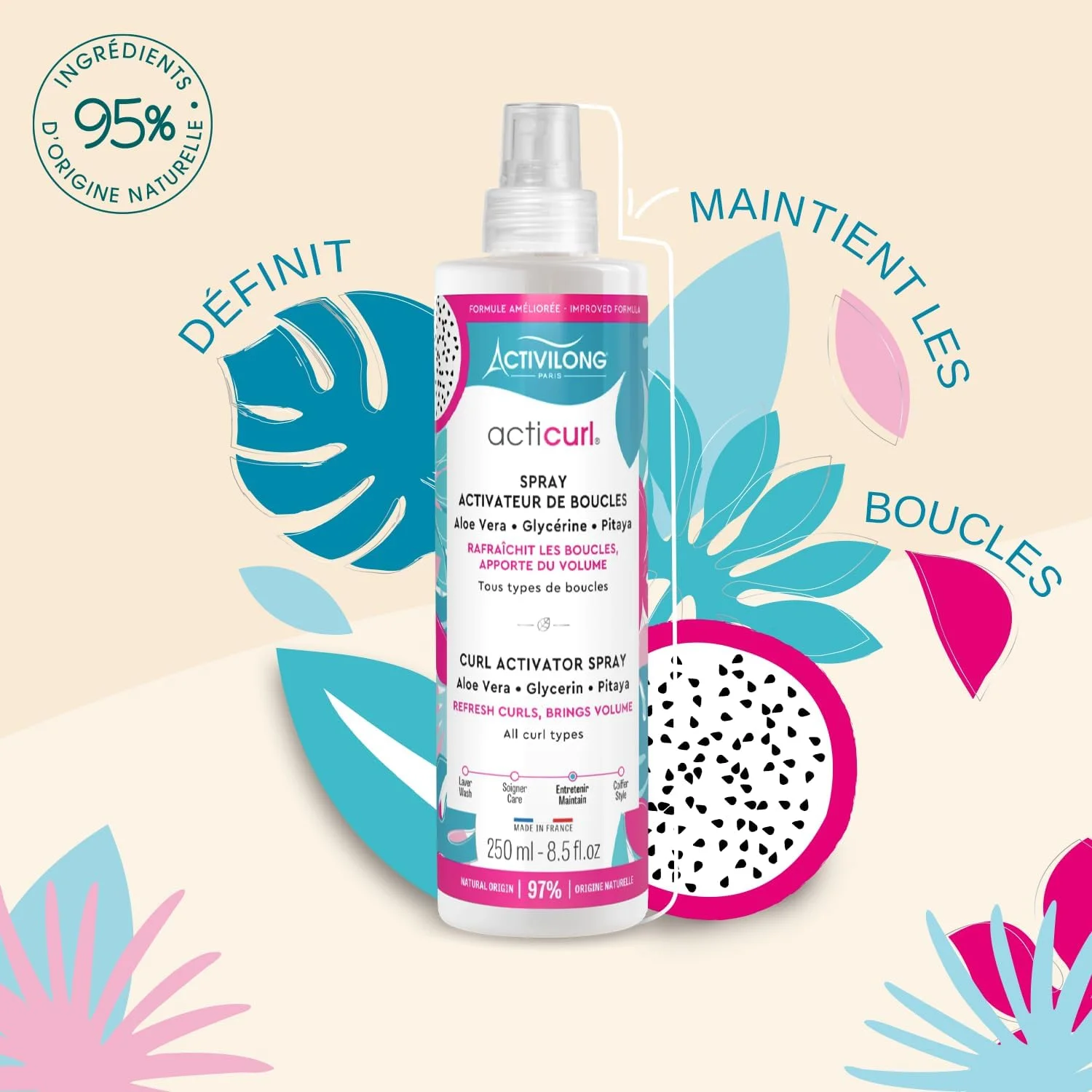 اسپری فعال کننده فر مو اکتیوی لانگ اکتی کرل برای فرهای فنری و خوش حالت | غنی شده با پیتایا آنتی اکسیدانی و آلوئه ورا مرطوب کننده | ماندگاری طولانی و بدون ایجاد چربی | 250 میلی لیتر اسپری فعال کننده فر مو اکتیوی لانگ اکتی کرل برای فرهای فنری و خوش حالت | غنی شده با پیتایا آنتی اکسیدانی و آلوئه ورا مرطوب کننده | ماندگاری طولانی و بدون ایجاد چربی | 250 میلی لیتر