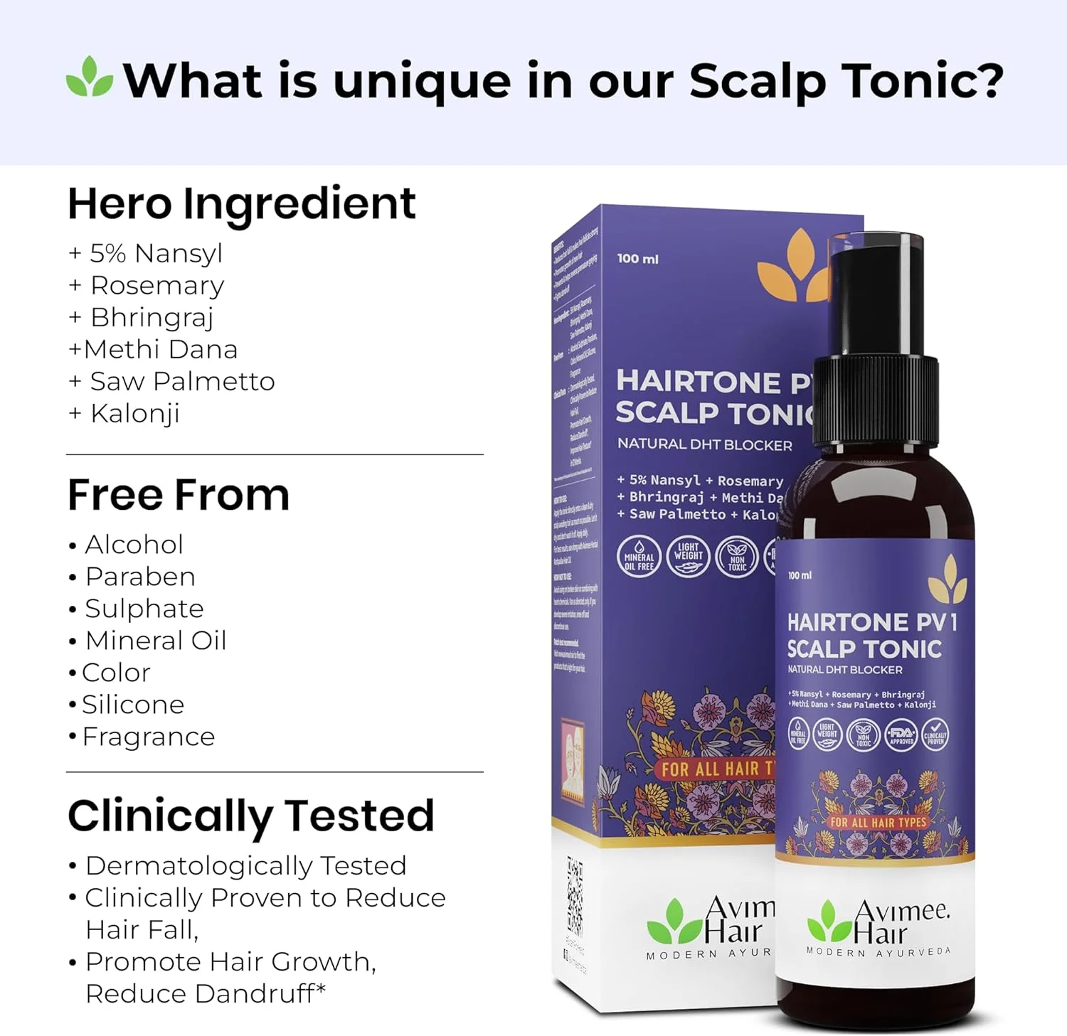 اسپری موی سر گیاهی AVIMEE HERBAL مدل Hair Tone PV1 | اسپری رشد مو | تقویت کننده رشد، تسکین دهنده خارش، کاهش شوره سر | 100% مرطوب کننده و غیر سمی | مسدود کننده طبیعی DTH | مناسب برای انواع مو (100 میلی لیتر)