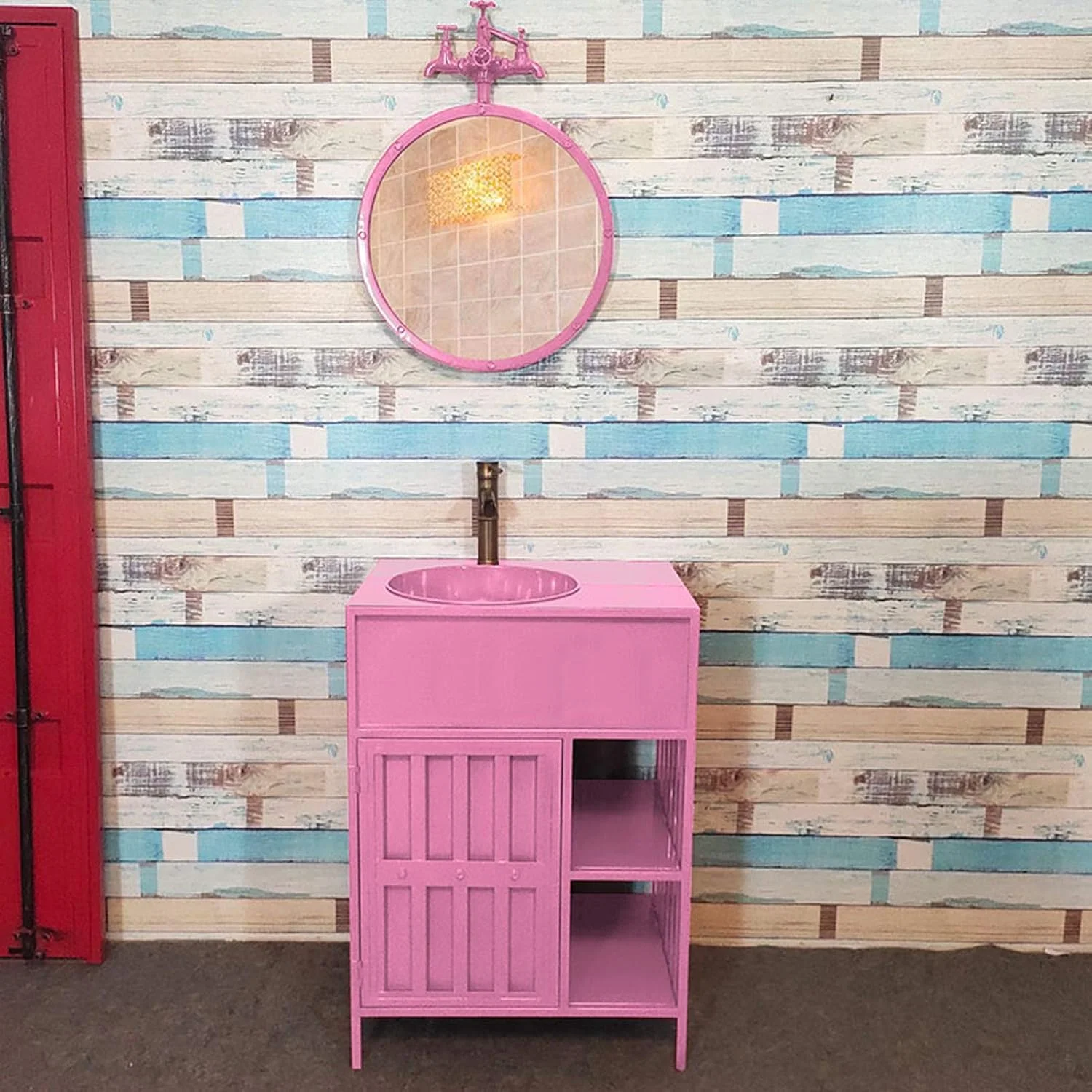 کابینت روشویی ایستاده JTQDDT600mm، سینک روشویی پایه دار به سبک صنعتی، جنس آهن سازگار با محیط زیست، صورتی