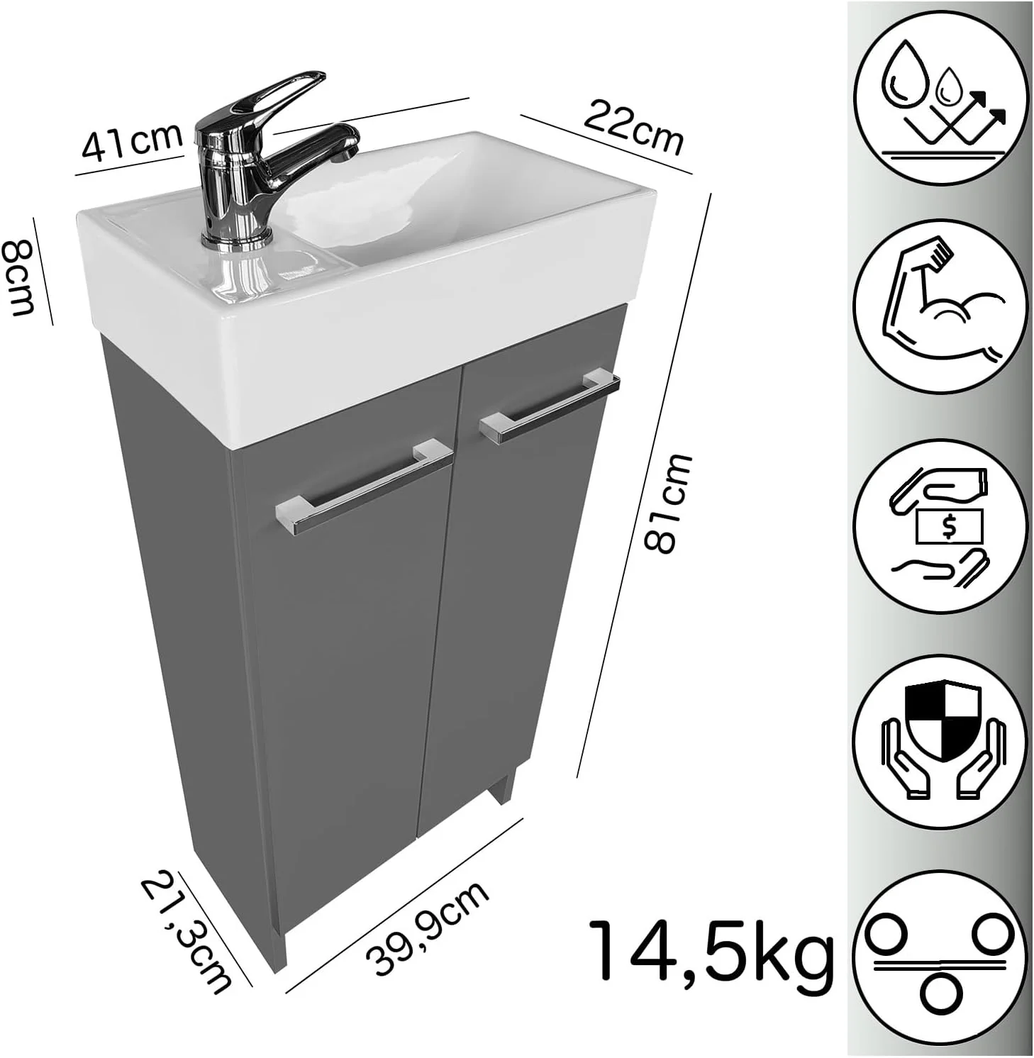 کابینت روشویی پابلینسکی موبل، 81 سانتی متر در 40 سانتی متر در 22 سانتی متر، کابینت حمام با روشویی - واحد روشویی برای حمام 40 سانتی متر، سینک حمام با کابینت (گرافیتی)