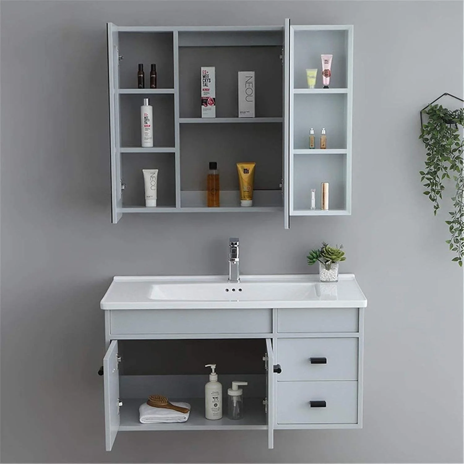 کابینت روشویی XRTLYH، کابینت چوبی حمام، ترکیب کابینت آینه دار، روشویی سرامیکی یکپارچه دیواری، کابینت روشویی (رنگ: خاکستری، سایز: 50x100x52 سانتی متر)