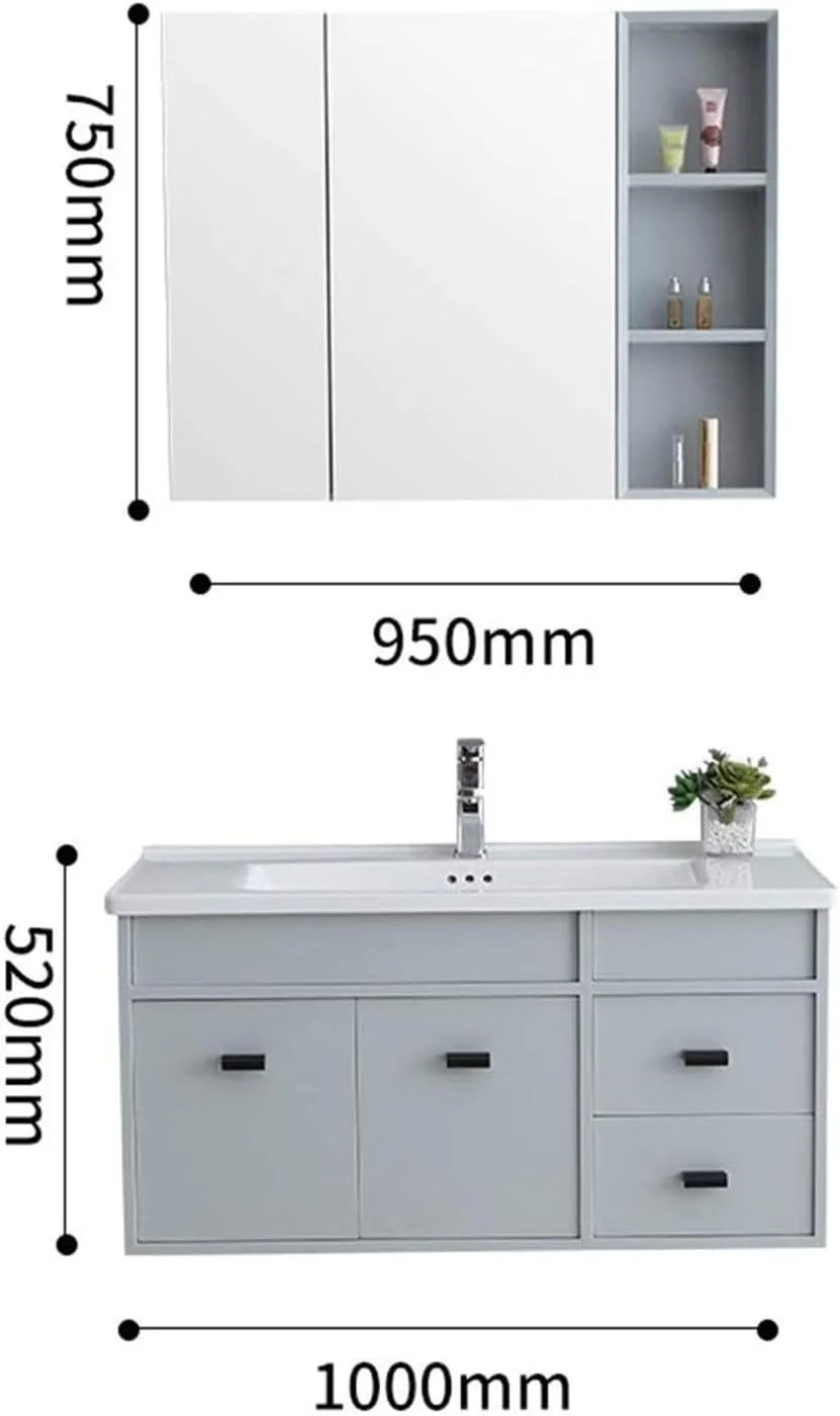 کابینت روشویی XRTLYH، کابینت چوبی حمام، ترکیب کابینت آینه دار، روشویی سرامیکی یکپارچه دیواری، کابینت روشویی (رنگ: خاکستری، سایز: 50x100x52 سانتی متر)