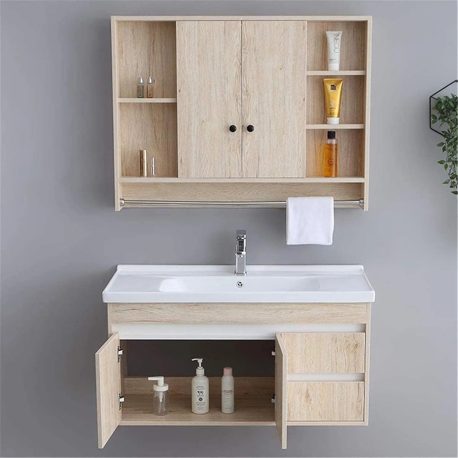 کابینت روشویی XRTLYH، کابینت دیواری حمام، کابینت ساده بالکن، کابینت روشویی سرامیکی یکپارچه، ست کابینت آینه حمام، کابینت روشویی (رنگ: قهوه ای، سایز: 48x101x53)