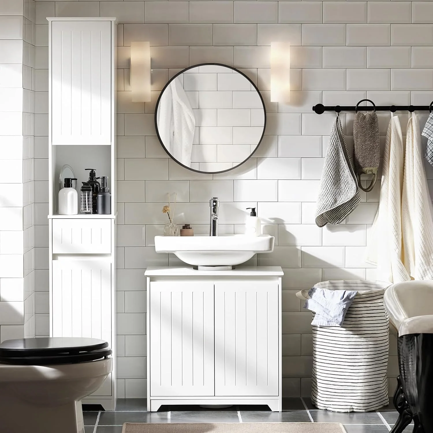 کابینت زیر سینک SoBuy، کابینت حمام، کابینت آشپزخانه، سازمان دهنده، واحد روشویی، مغسلة حمام با 2 درب، مناسب برای سینک های پایه دار، سرویس بهداشتی، آشپزخانه، BZR108-II-W