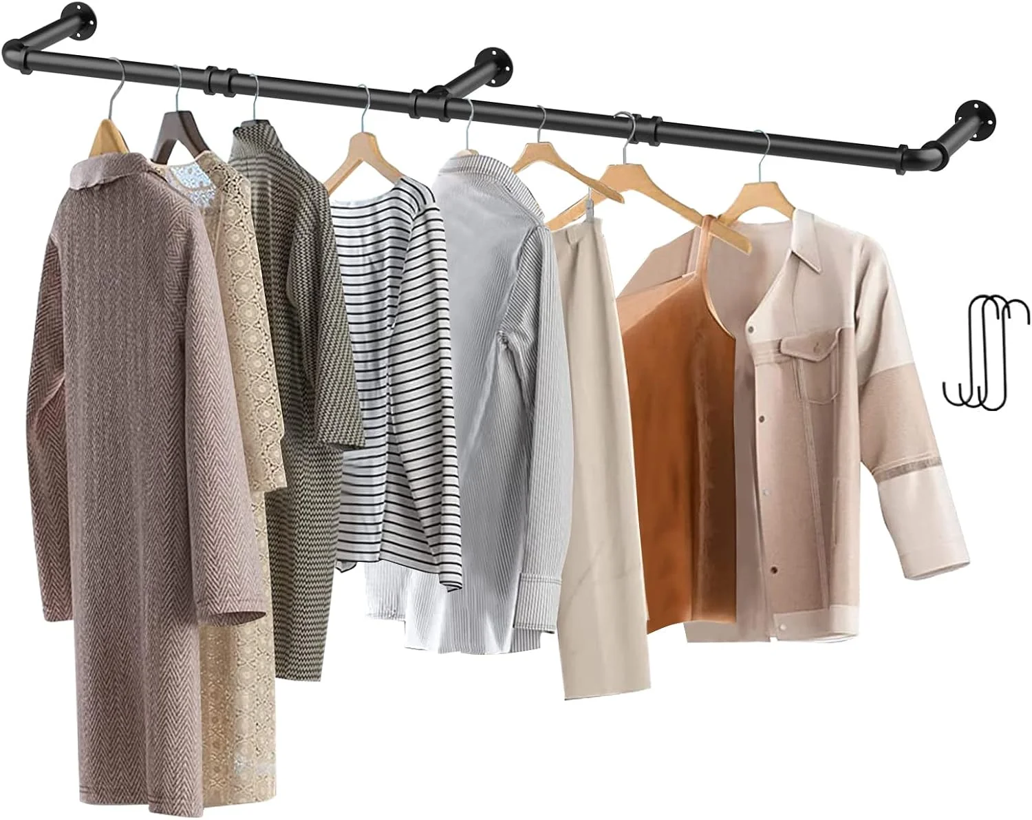 رگال لباس دیواری ARCHAEOPTERYX، رگال لباس لوله صنعتی جداشدنی قابل تنظیم 180 سانتی متر طول، میله لباس آهنی سنگین با 3 قلاب S شکل