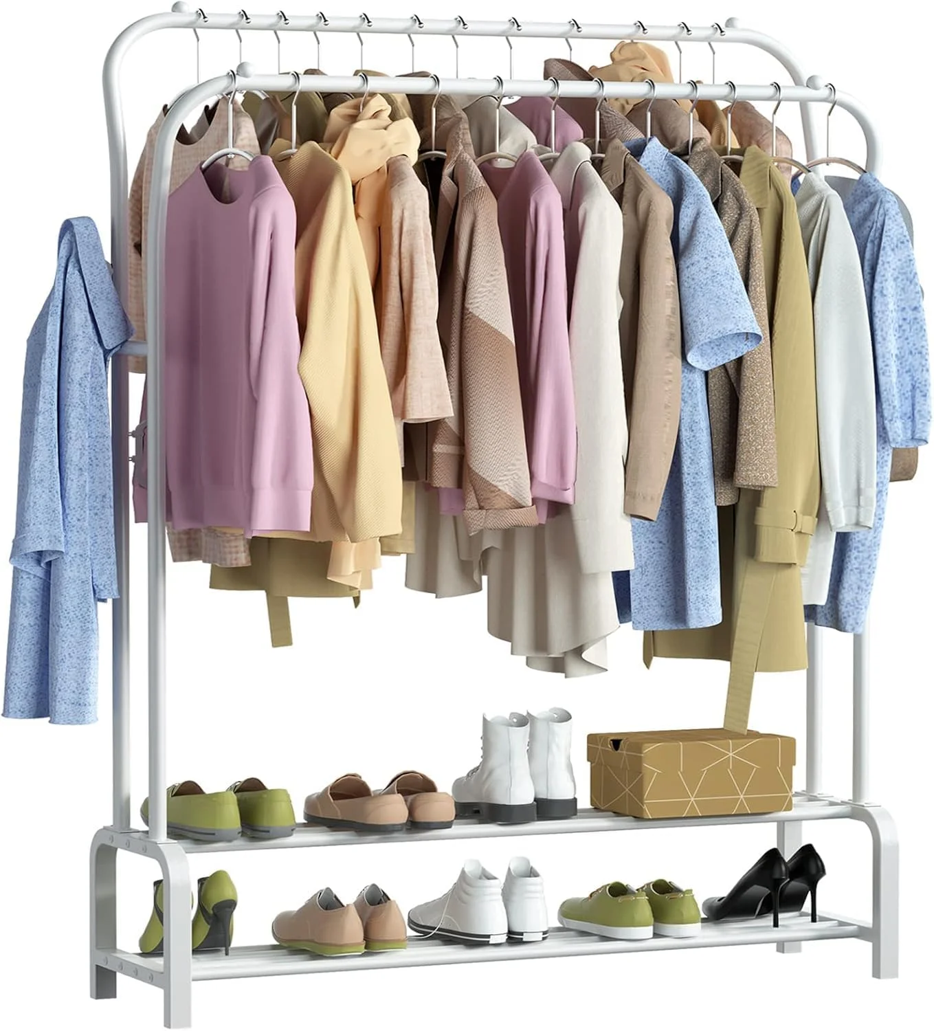 رگال لباس Arabest، رگال ایستاده با میله های دوتایی، رگال لباس چند منظوره اتاق خواب، رگال لباس فلزی با دو میله بالایی، قلاب و قفسه ذخیره سازی پایین (سفید)
