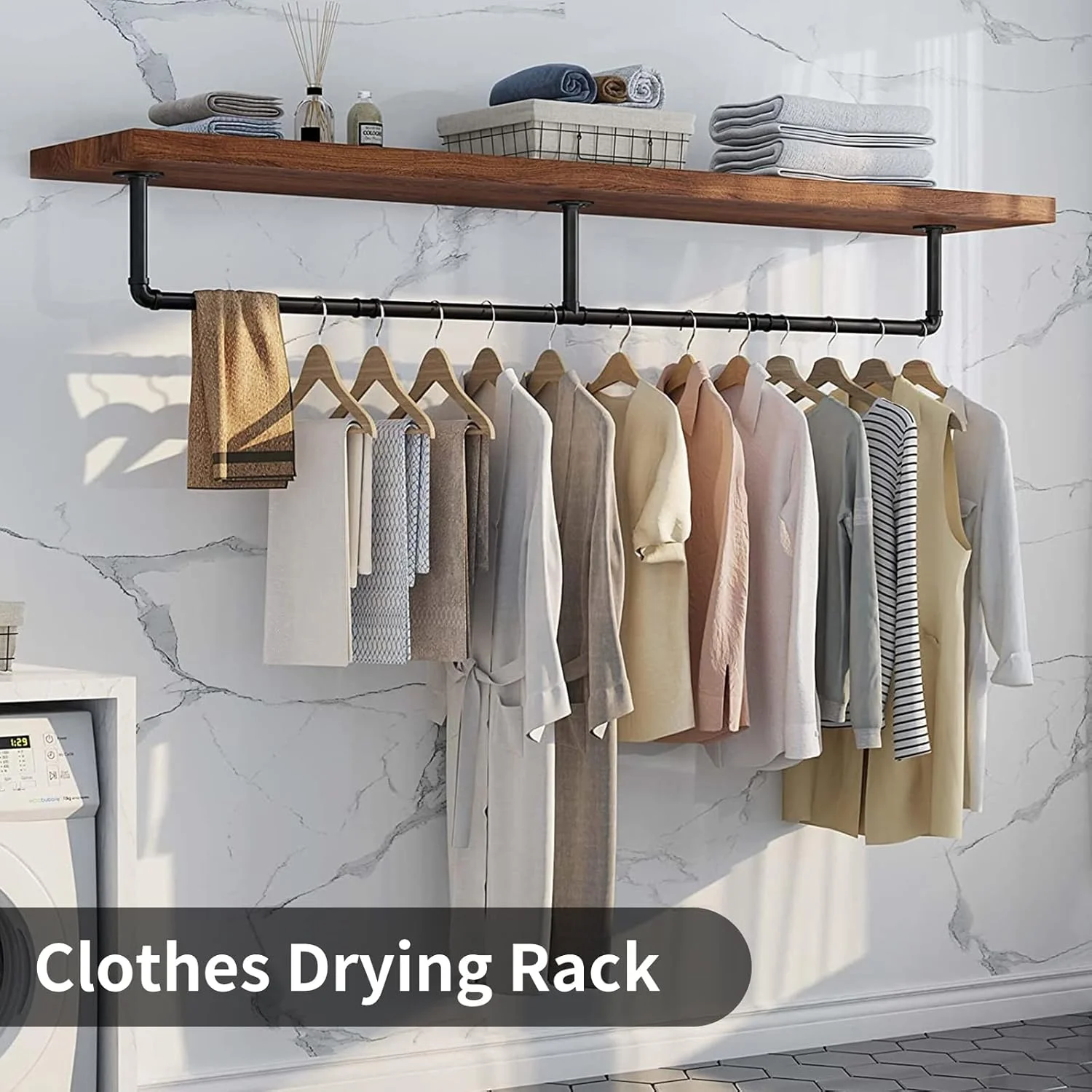 رگال لباس دیواری ARCHAEOPTERYX، رگال لباس لوله صنعتی جداشدنی قابل تنظیم 180 سانتی متر طول، میله لباس آهنی سنگین با 3 قلاب S شکل