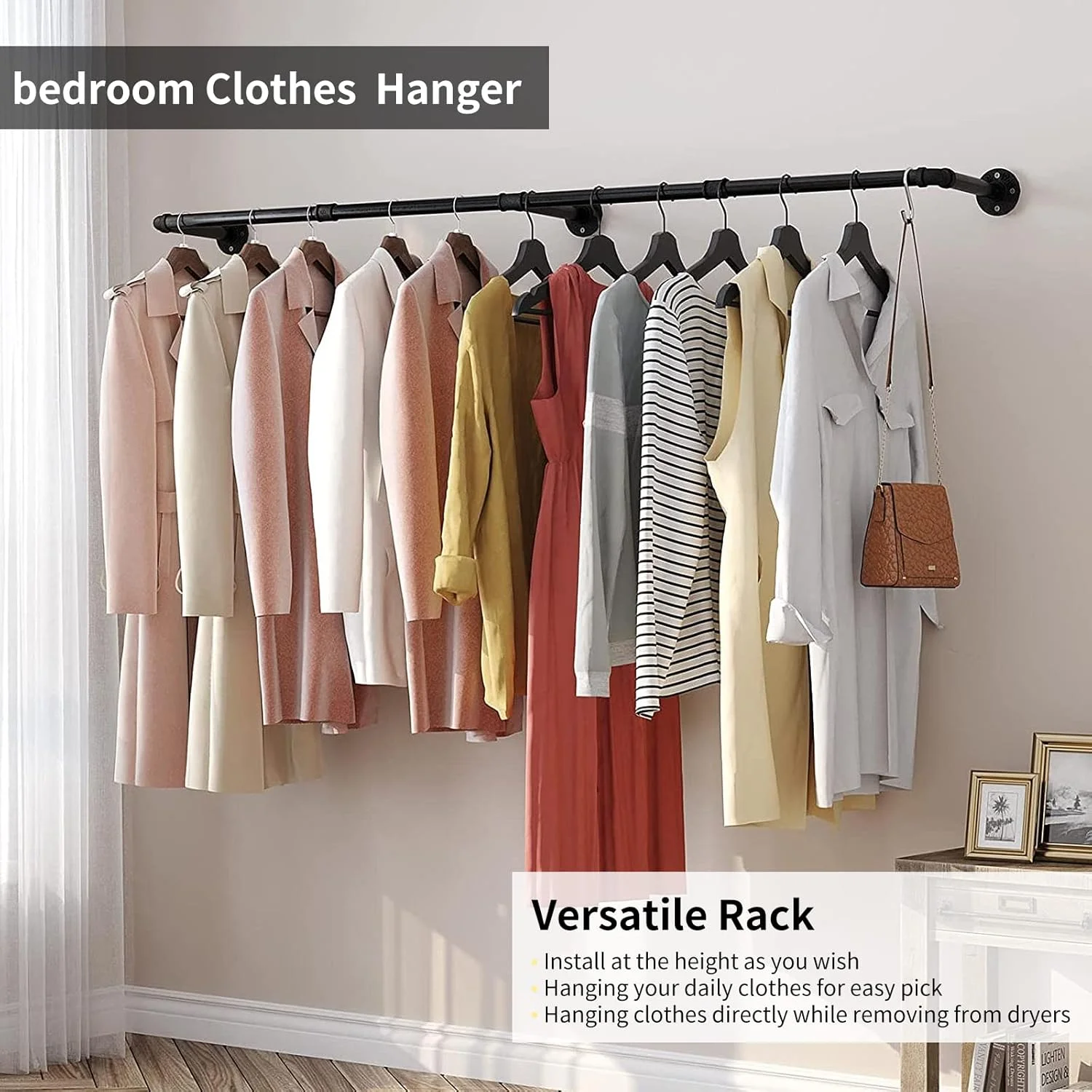 رگال لباس دیواری ARCHAEOPTERYX، رگال لباس لوله صنعتی جداشدنی قابل تنظیم 180 سانتی متر طول، میله لباس آهنی سنگین با 3 قلاب S شکل