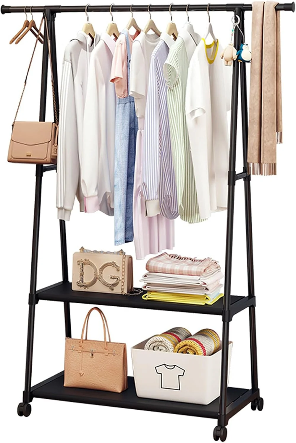 رگال لباس Beauenty، پایه خشک کن لباس، رگال کت، رگال لباس چرخ دار محکم با چرخ، رگال لباس فلزی چند منظوره با قفسه 2 طبقه (مشکی)