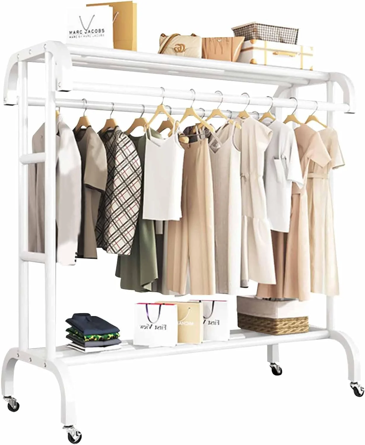 رگال لباس متحرک Beauenty، رگال لباس دوتایی، رگال زمینی برای استفاده خانگی، رگال آویز لباس دوتایی، رگال لباس سنگین با چرخ (سفید، 120)