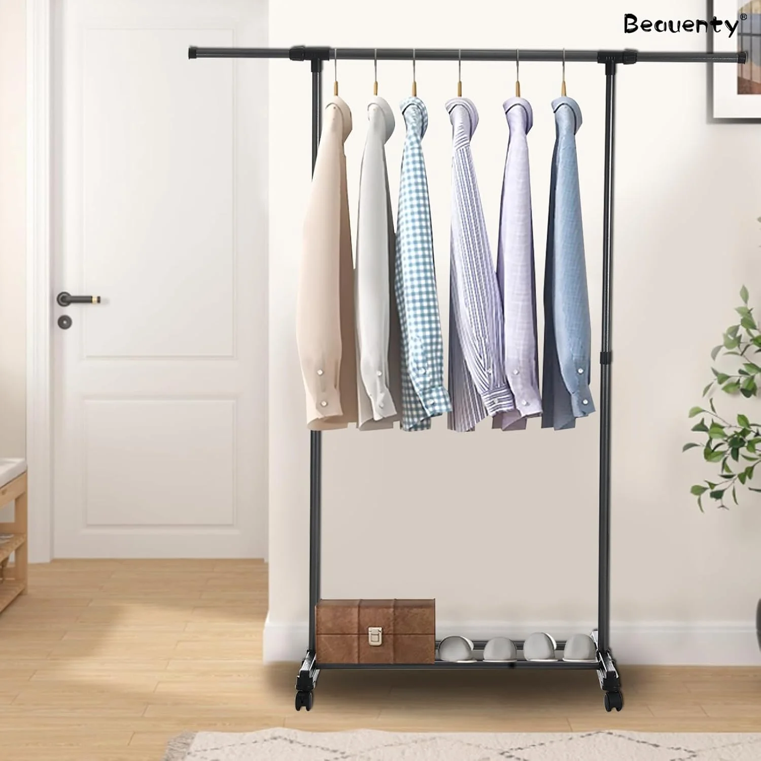 رگال لباس پلاستیکی Beauenty با میله افقی، رگال متحرک لباس با چرخ، رگال لباس ایستاده با قفسه (میله)