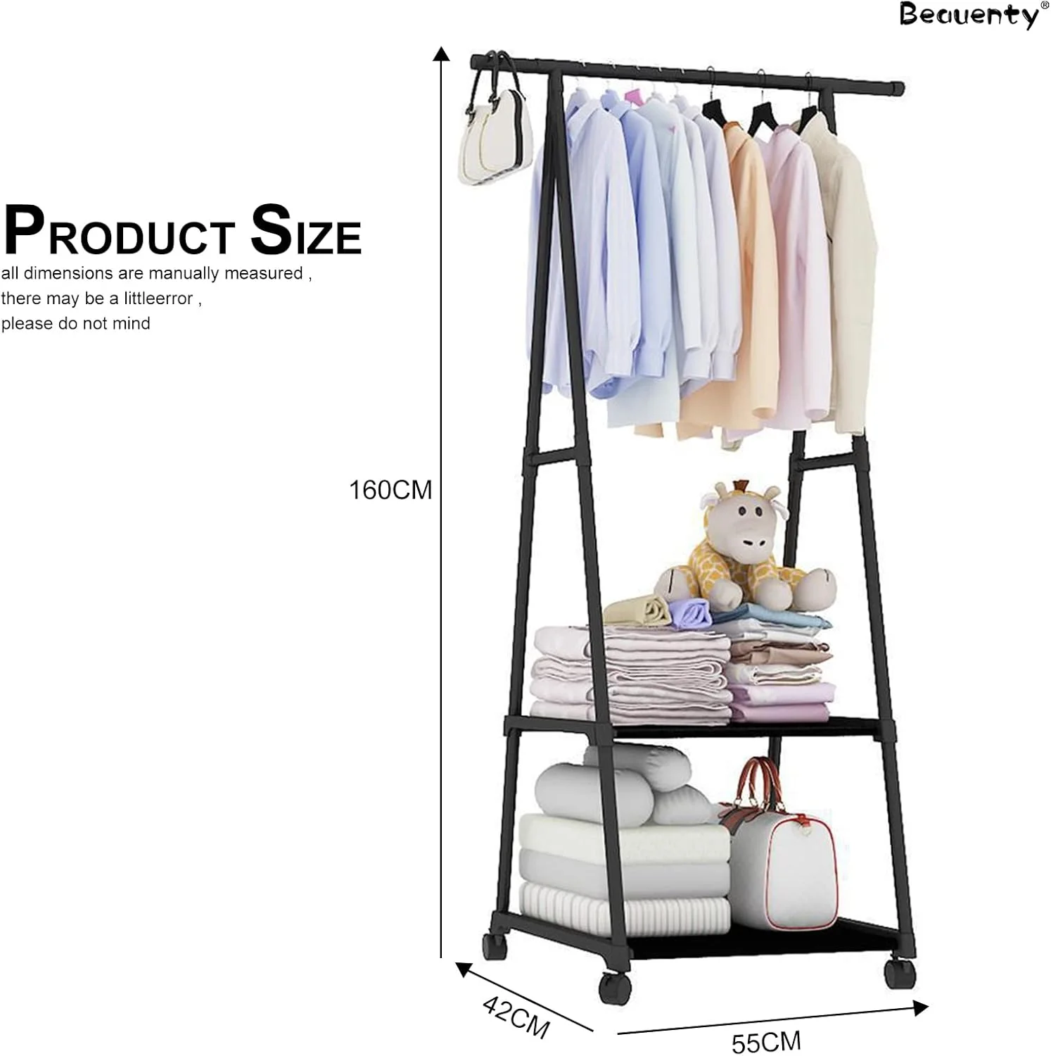 رگال لباس Beauenty، پایه خشک کن لباس، رگال کت، رگال لباس چرخ دار محکم با چرخ، رگال لباس فلزی چند منظوره با قفسه 2 طبقه (مشکی)