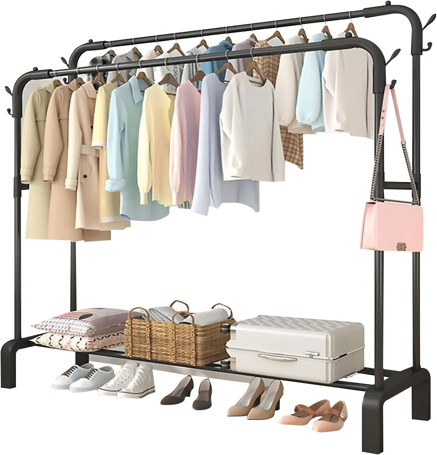 رگال لباس بوئنتی، رگال لباس دو ردیفه با طبقه زیرین و قلاب های جانبی، رگال لباس فلزی سنگین برای سازماندهی و نمایش، استند کمد لباس ایستاده (مشکی)