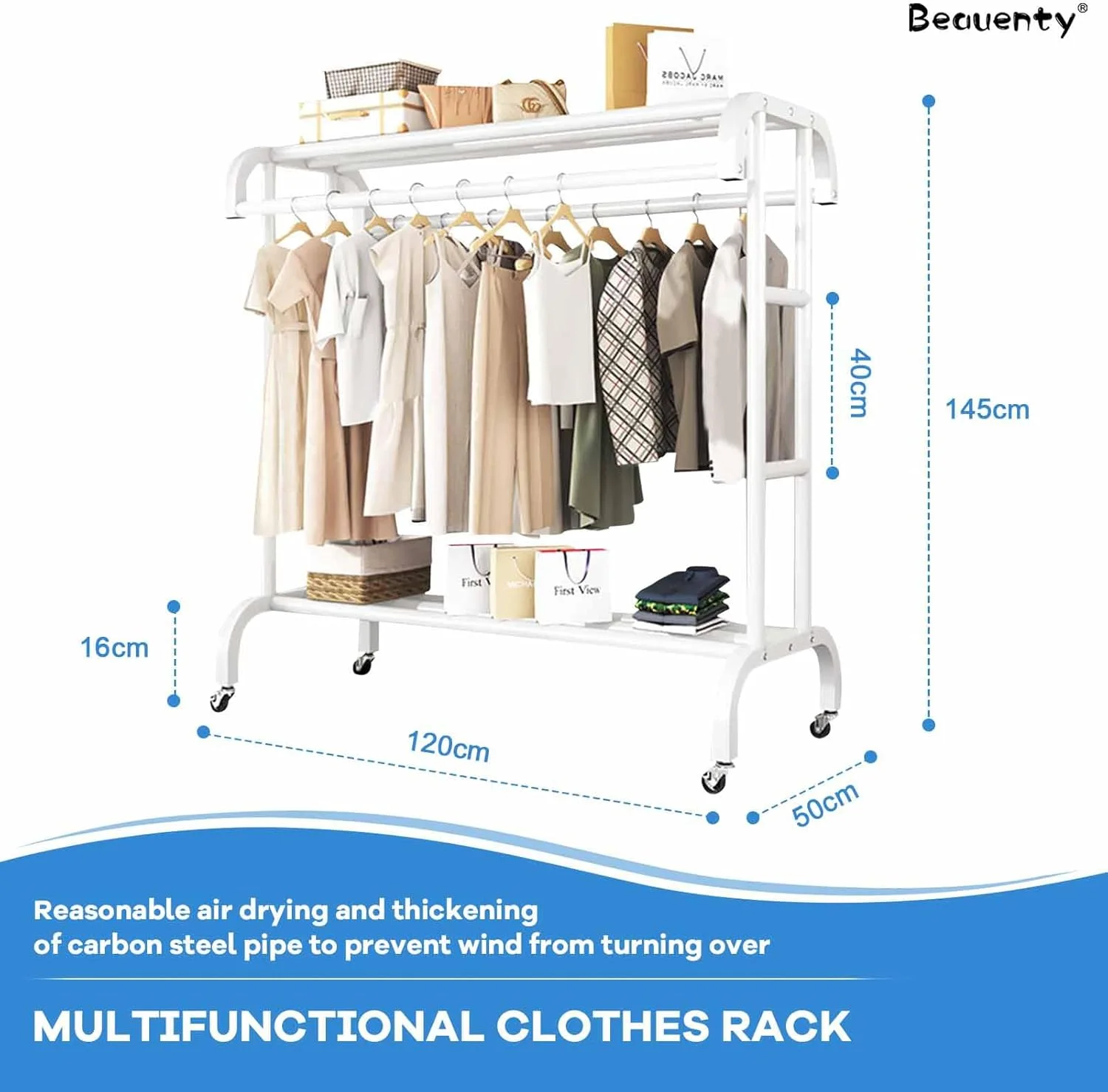 رگال لباس متحرک Beauenty، رگال لباس دوتایی، رگال زمینی برای استفاده خانگی، رگال آویز لباس دوتایی، رگال لباس سنگین با چرخ (سفید، 120)