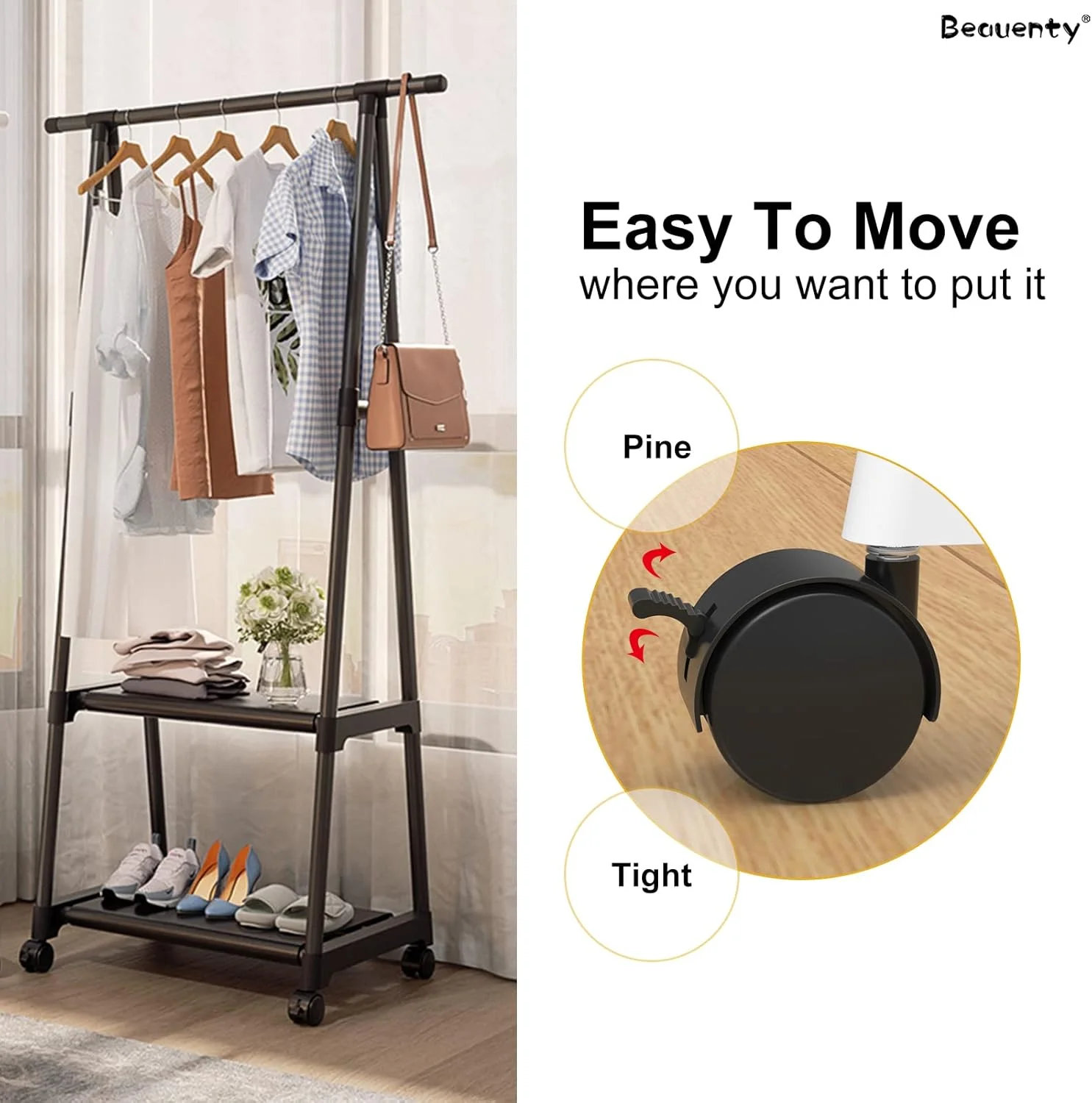 رگال لباس Beauenty، پایه خشک کن لباس، رگال کت، رگال لباس چرخ دار محکم با چرخ، رگال لباس فلزی چند منظوره با قفسه 2 طبقه (مشکی)