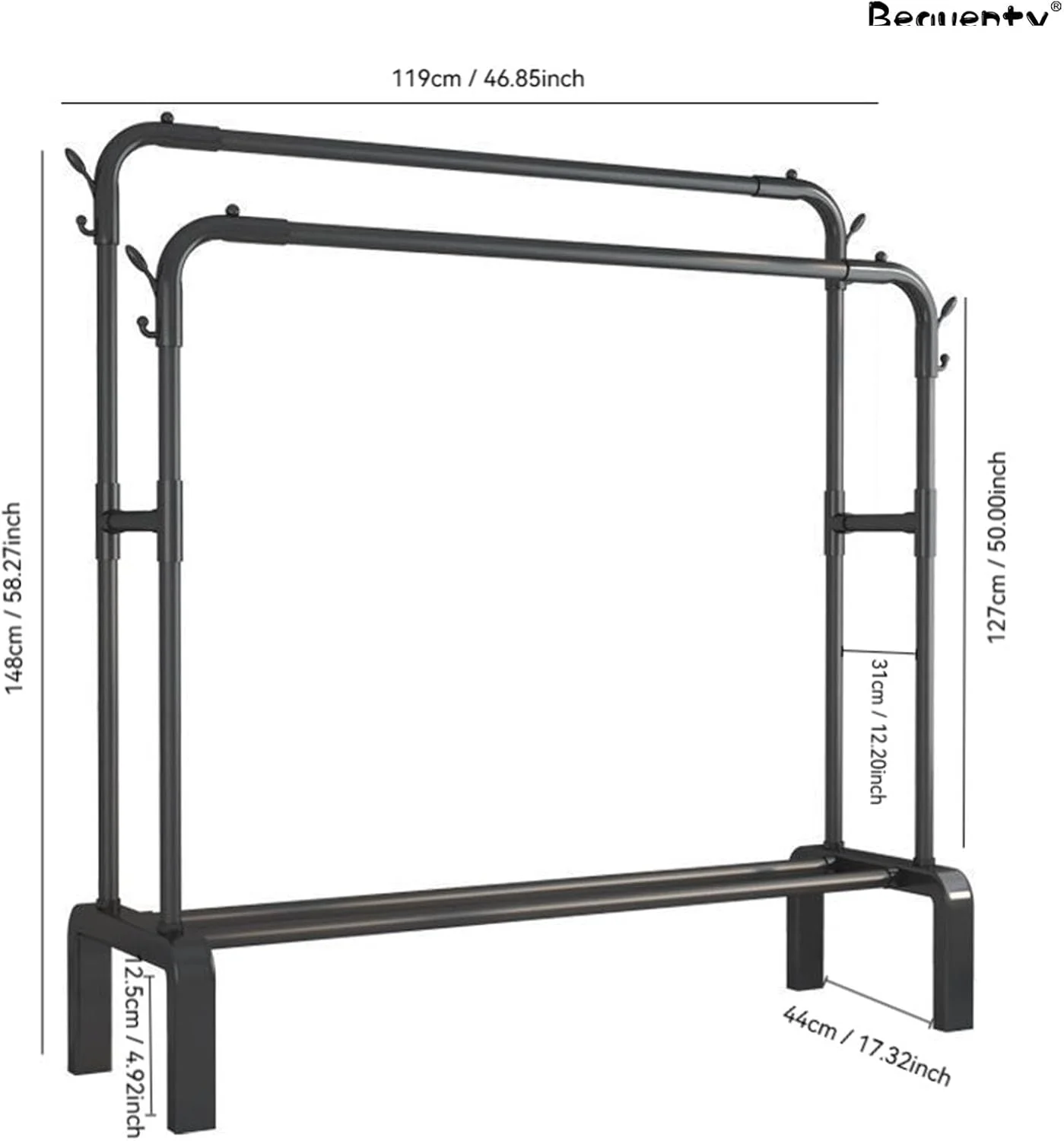 رگال لباس بوئنتی، رگال لباس دو ردیفه با طبقه زیرین و قلاب های جانبی، رگال لباس فلزی سنگین برای سازماندهی و نمایش، استند کمد لباس ایستاده (مشکی)