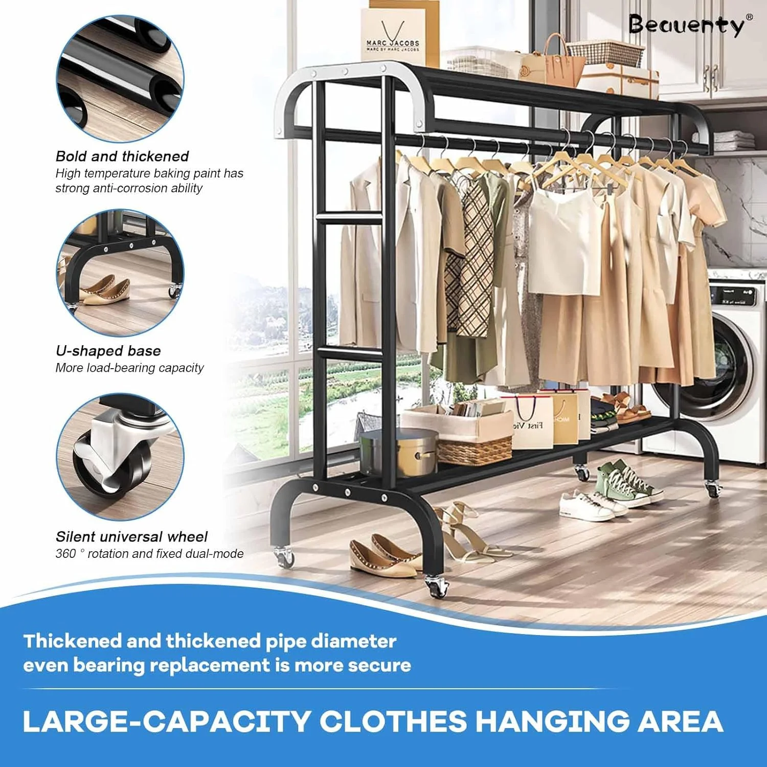 رگال لباس متحرک Beauenty، رگال لباس دوتایی، رگال زمینی برای استفاده خانگی، رگال آویز لباس دوتایی، رگال لباس سنگین با چرخ (سفید، 120)