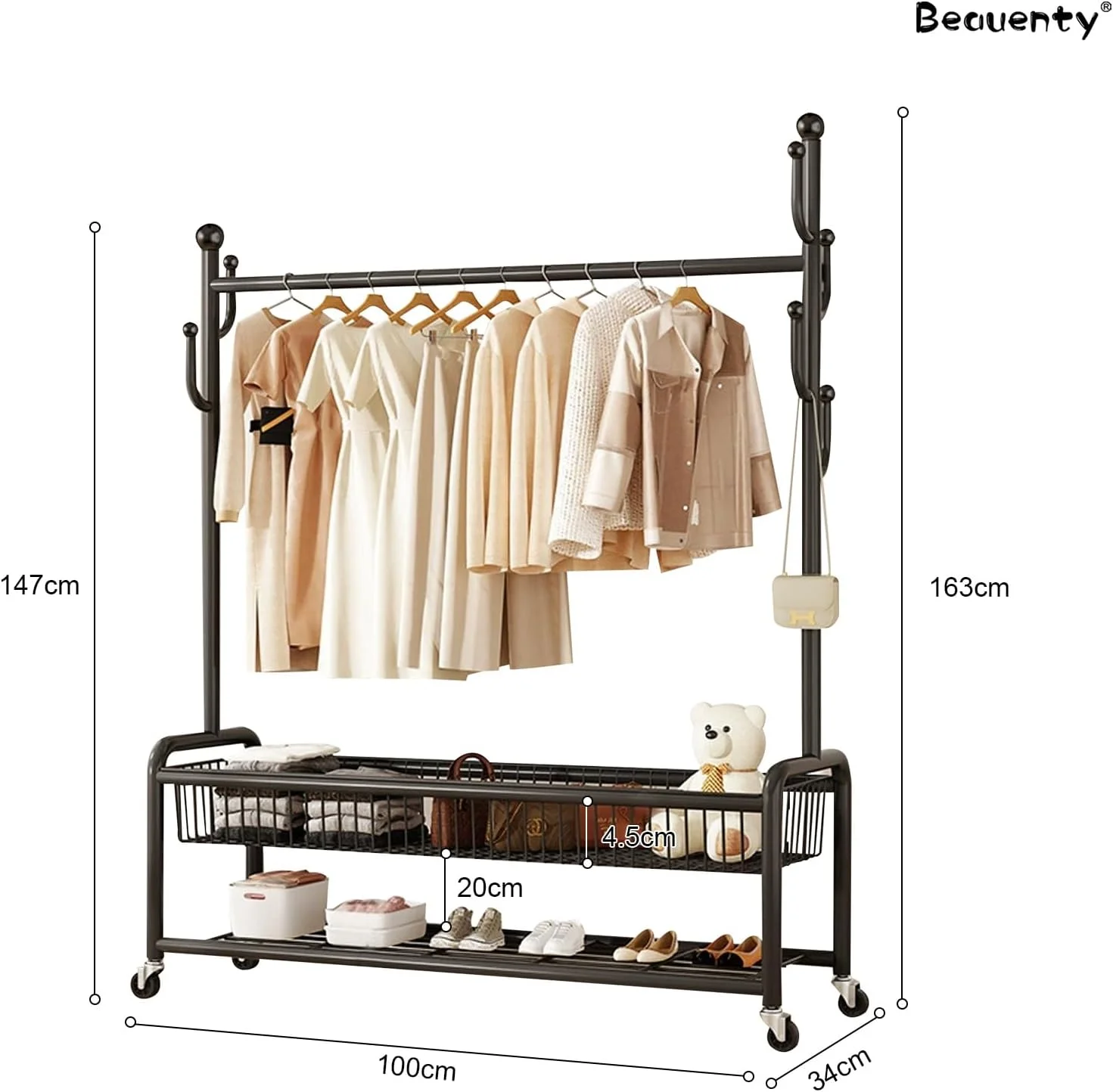رگال لباس چرخ دار Beauenty، رگال آویز لباس، رگال کت با قفسه ذخیره سازی. رگال لباس مناسب اتاق نشیمن، اتاق خواب و بالکن (مدل 1، مشکی) رگال لباس چرخ دار Beauenty، رگال آویز لباس، رگال کت با قفسه ذخیره سازی. رگال لباس مناسب اتاق نشیمن، اتاق خواب و بالکن (مدل 1، مشکی)