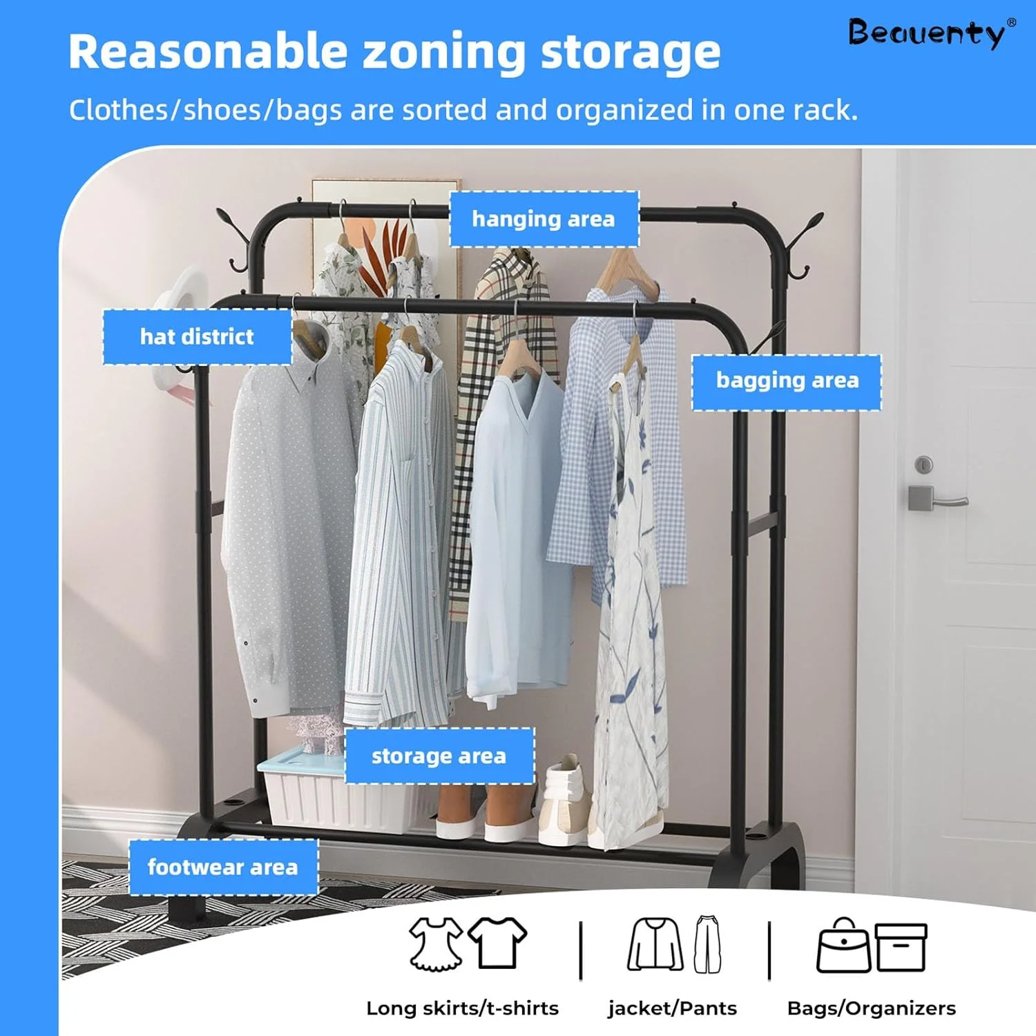 رگال لباس بوئنتی، رگال لباس دو ردیفه با طبقه زیرین و قلاب های جانبی، رگال لباس فلزی سنگین برای سازماندهی و نمایش، استند کمد لباس ایستاده (مشکی)