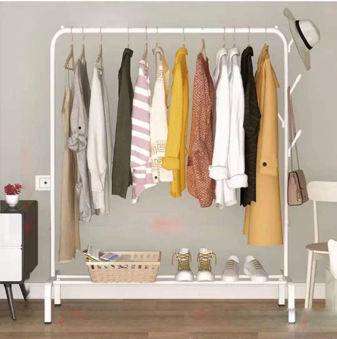 چوب لباسی، رخت آویز ایستاده، ریل لباس فلزی عمودی، قفسه خشک کن لباس در فضای باز، استند نمایش لباس دخترانه - سفید