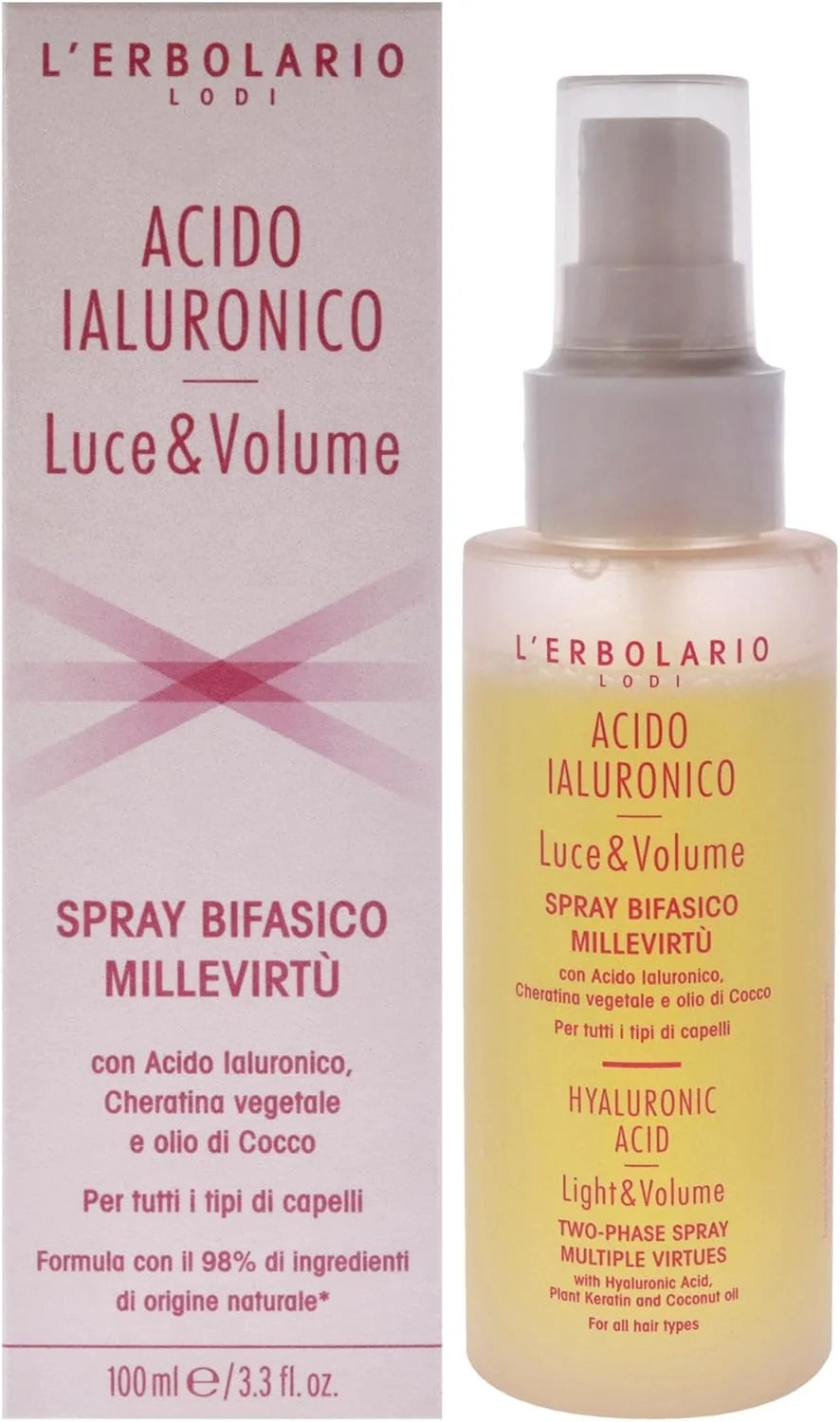 اسپری دو فاز هیالورونیک اسید L'Erbolario - حجم دهنده و سبک - متحد واقعی برای موهای باشکوه - موهایی پرتر، نرم تر و درخشان تر با هر بار استفاده - عملکرد پرکنندگی و مرطوب کنندگی - اسپری مو 100 میلی لیتری