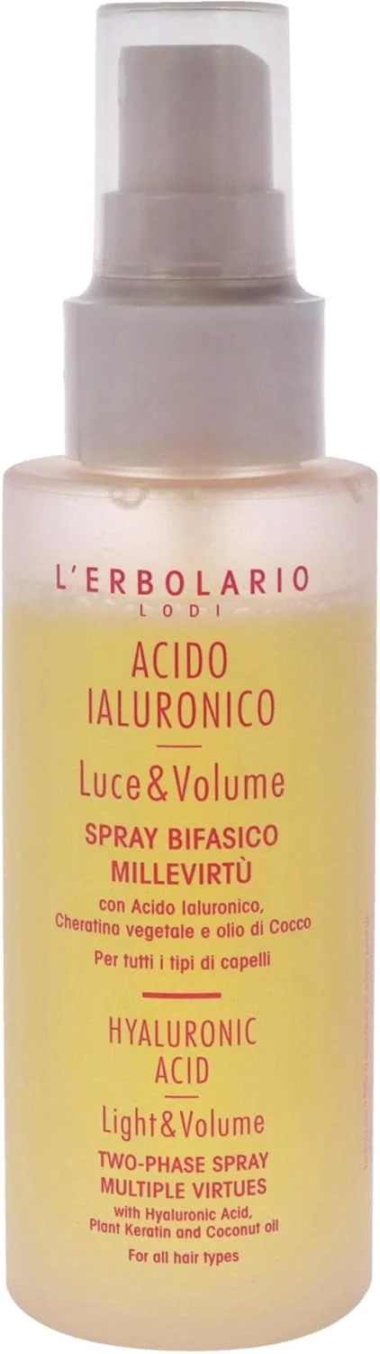 اسپری دو فاز هیالورونیک اسید L'Erbolario - حجم دهنده و سبک - متحد واقعی برای موهای باشکوه - موهایی پرتر، نرم تر و درخشان تر با هر بار استفاده - عملکرد پرکنندگی و مرطوب کنندگی - اسپری مو 100 میلی لیتری