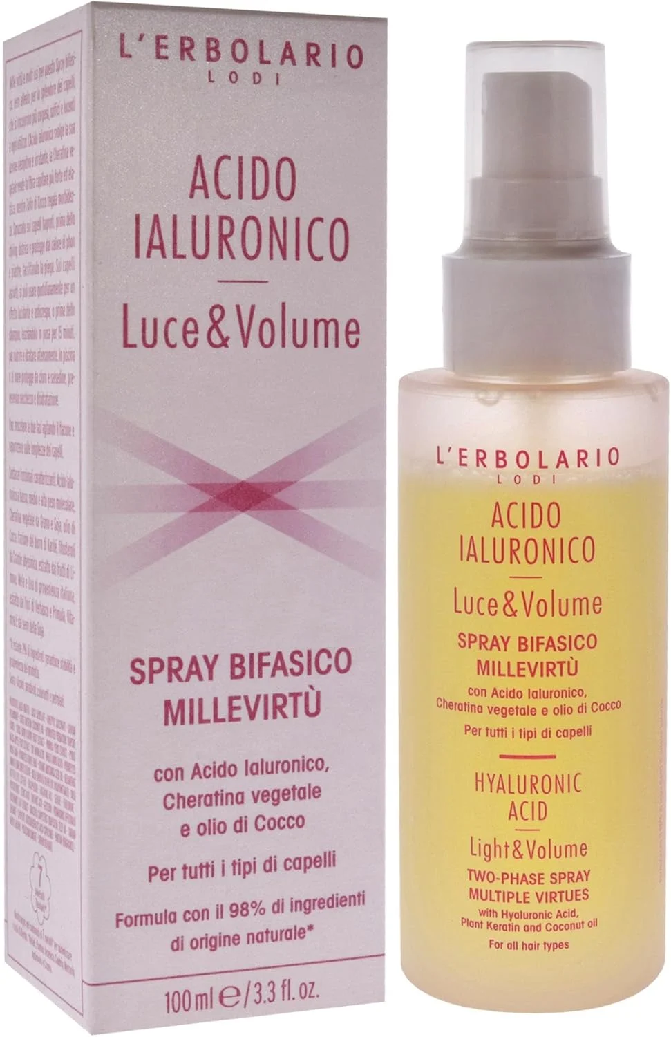 اسپری دو فاز هیالورونیک اسید L'Erbolario - حجم دهنده و سبک - متحد واقعی برای موهای باشکوه - موهایی پرتر، نرم تر و درخشان تر با هر بار استفاده - عملکرد پرکنندگی و مرطوب کنندگی - اسپری مو 100 میلی لیتری