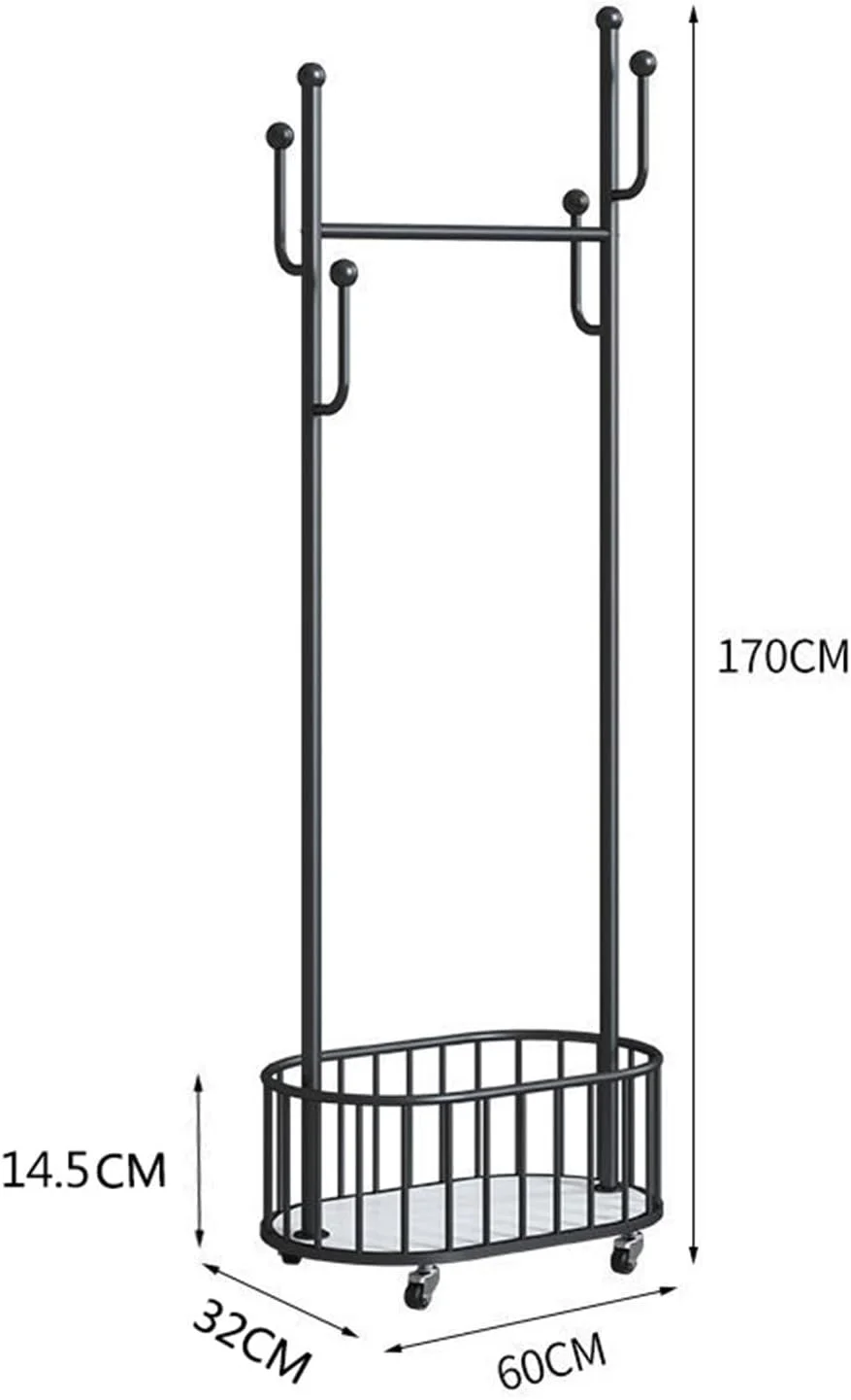 رگال لباس فلزی HYTTER با میله آویز، سازمان دهنده متحرک لباس با چرخ های قفل دار، رگال لباس محکم 60×170 سانتی متر با 6 قلاب آویز کلاه و سبد قفسه نگهداری کیف (سفید)