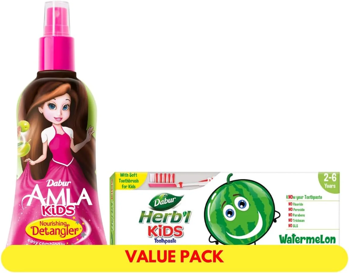 مجموعه مراقبتی دابر آملا برای کودکان: اسپری باز کننده گره مو 200 میلی لیتر + خمیر دندان محافظت کننده از پوسیدگی با طعم هندوانه 50 گرم + مسواک نرم