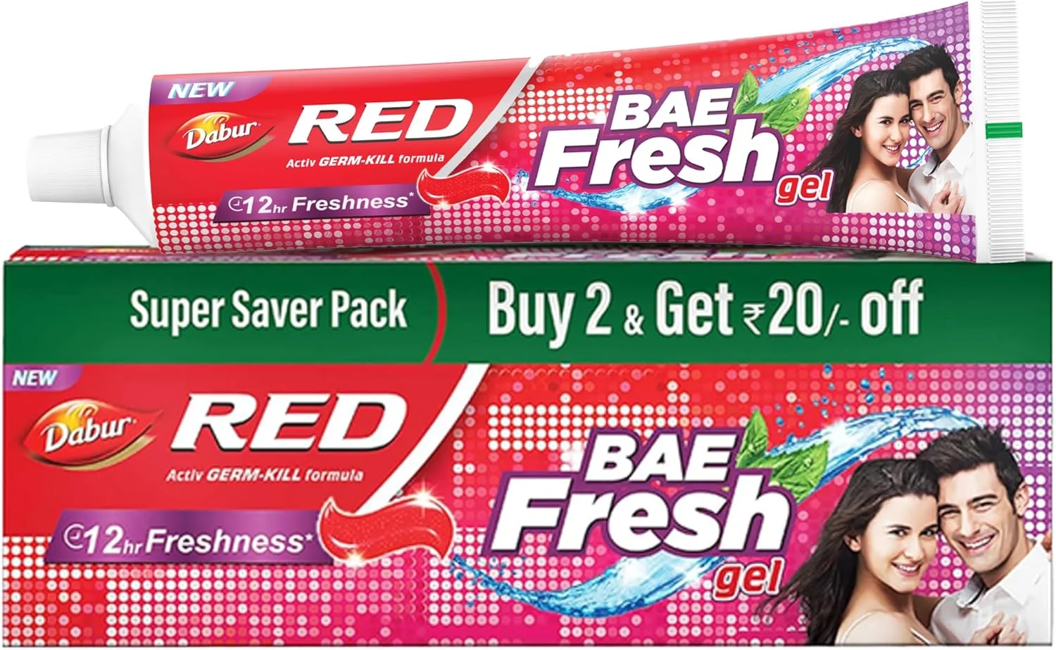 ژل خمیر دندان قرمز دابور Bae Fresh - 300 گرم (150 گرم * 2) | مبارزه با بوی بد دهان، میکروب های حفره و پلاک | تازگی 12 ساعته | فرمول Activ Germ-Kill