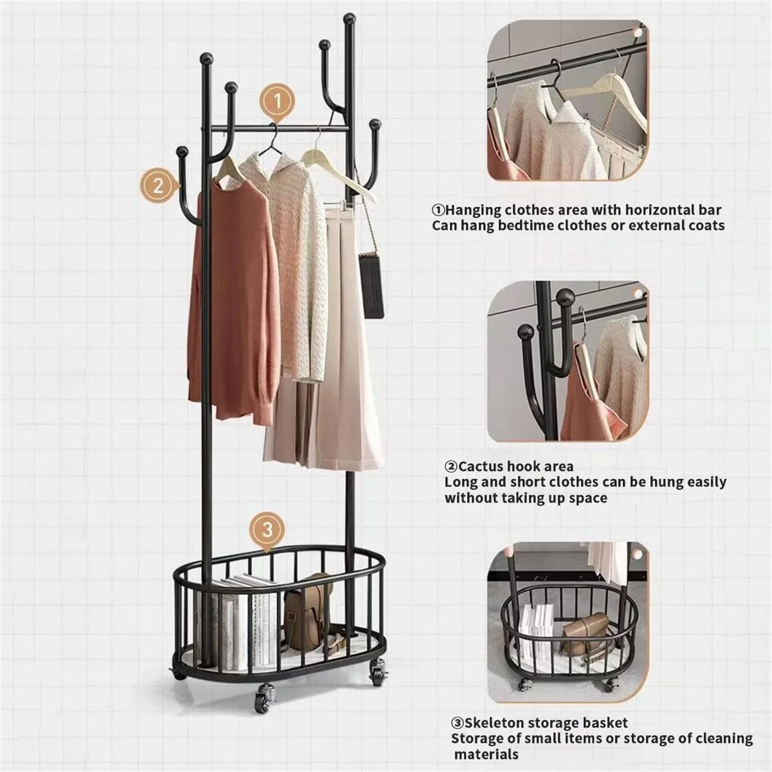 رگال لباس فلزی HYTTER با میله آویز، سازمان دهنده متحرک لباس با چرخ های قفل دار، رگال لباس محکم 60×170 سانتی متر با 6 قلاب آویز کلاه و سبد قفسه نگهداری کیف (سفید)