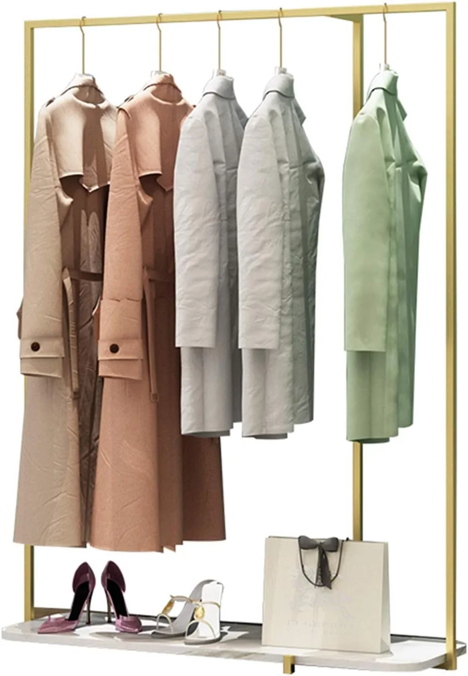 رگال لباس لوله صنعتی، رگال آویز لباس، رگال ایستاده فلزی، دارای میله آویز و قفسه نگهداری، برای لباس، کفش، کلاه، طلایی - 150×40×160 سانتی متر