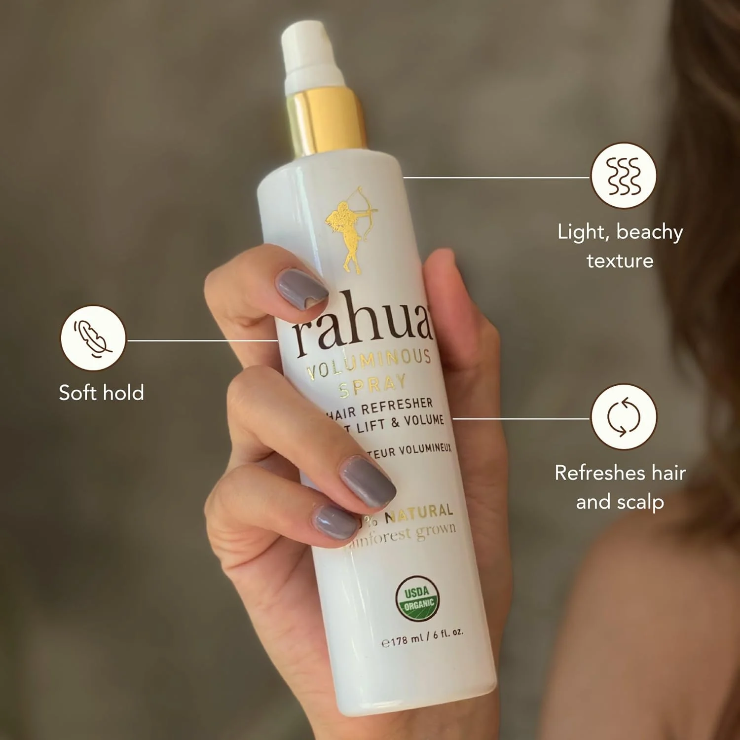 اسپری حجم دهنده Rahua، 6 اونس مایع، طراوت بخش پوست سر و مو، اسپری حجم دهنده و لیفت ملایم، رایحه اسطوخودوس و اکالیپتوس، اسپری بافت دهنده 100% طبیعی با مواد مغذی طبیعی و گیاهی