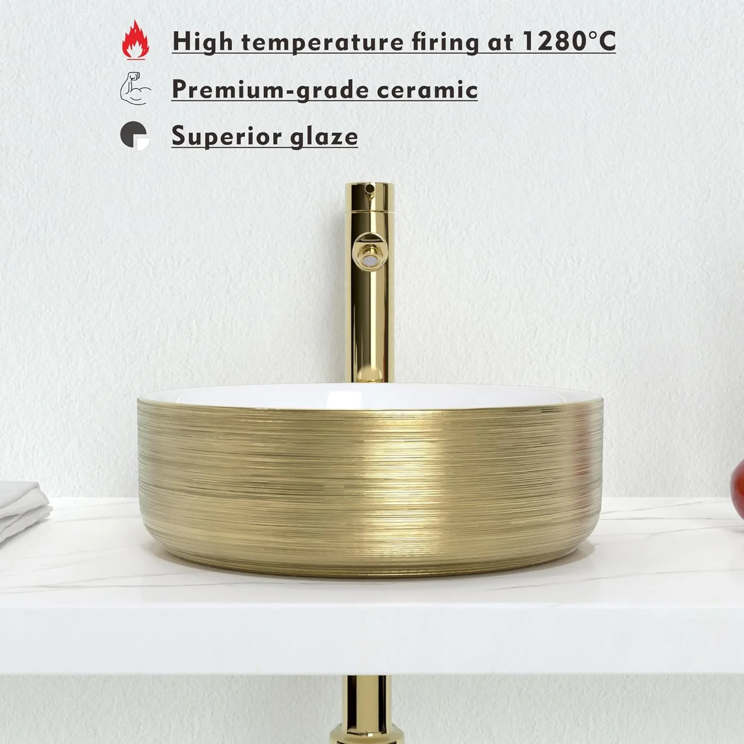 روشویی کاسه ای سرامیکی طرح J-FAMILY مناسب روشویی، طرح هنری، بافت برس خورده، تزئین طلایی، کاسه گرد، 36 سانتی متر